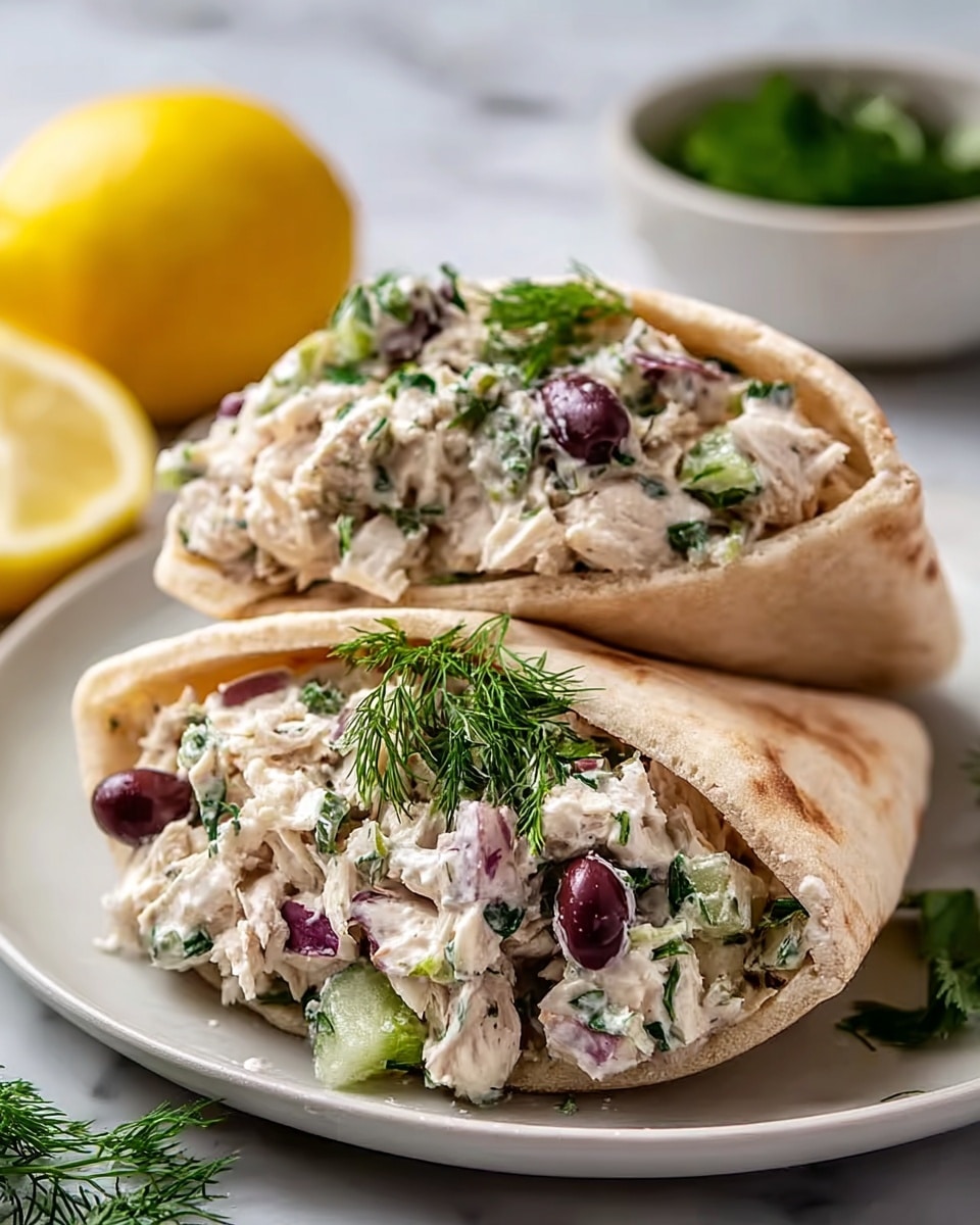 The image shows two pita pockets halved and filled with a creamy chicken salad. Each pita is light tan with a soft texture, split open to reveal layers of chunky white shredded chicken mixed with green herbs, small bright purple-red onion pieces, and dark purple olives scattered throughout. Fresh green dill garnish tops the filling in each half, adding a fresh and leafy contrast. The pitas are placed on a white plate, set on a white marbled surface with a halved lemon and a small white bowl with green herbs blurred softly in the background. photo taken with an iphone --ar 4:5 --v 7