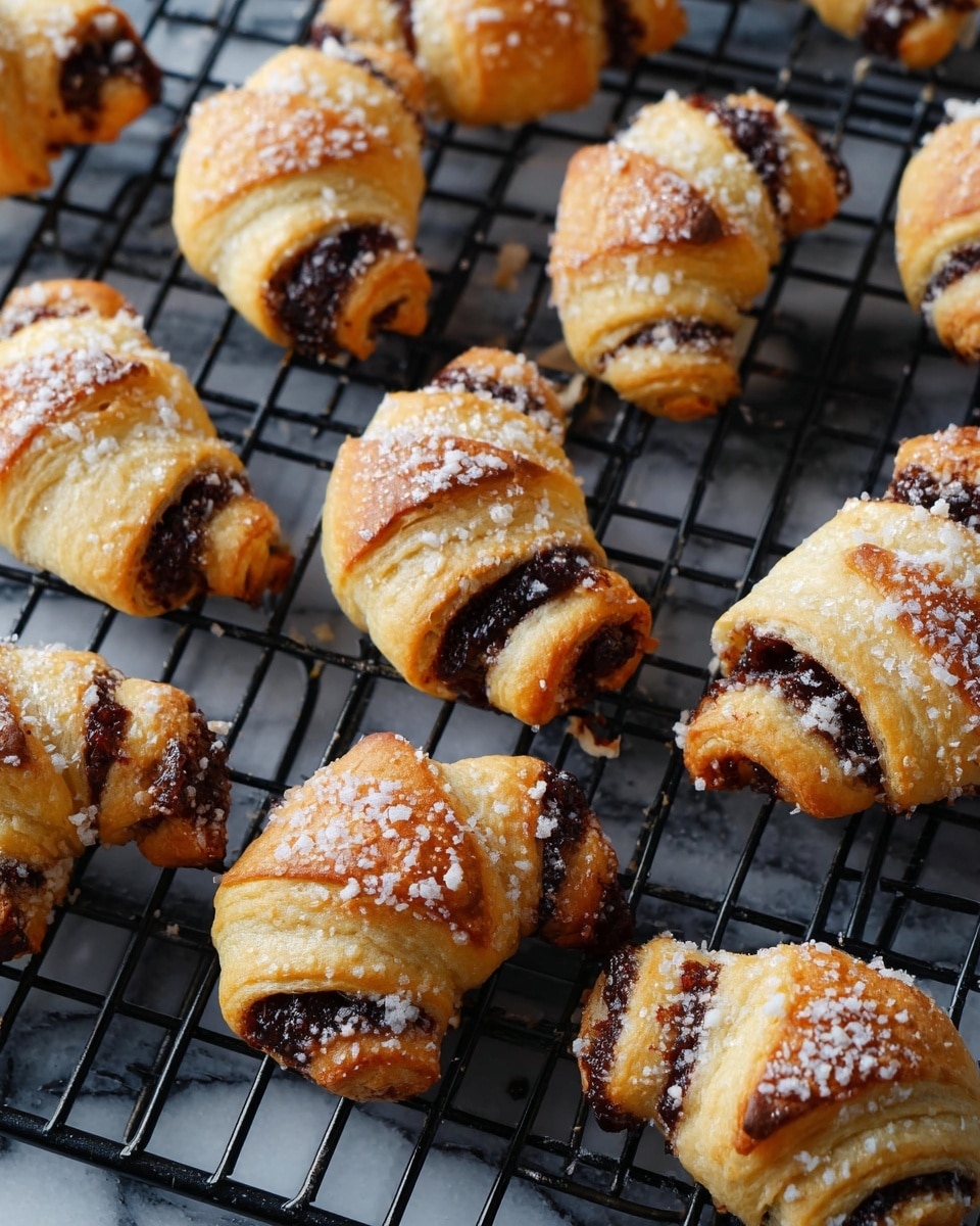 Several small crescent-shaped pastries are placed closely on a black wire cooling rack over a white marbled texture. Each pastry shows two visible layers: a golden-baked dough outer layer that is slightly flaky and textured, and a dark brown chocolate or fruit filling spiraled inside, visible between the dough folds. The tops are sprinkled with coarse white sugar crystals that catch the light, adding a crunchy look. The pastries are scattered evenly across the rack, some overlapping slightly, with a soft, natural light highlighting their textures and colors. Photo taken with an iphone --ar 4:5 --v 7