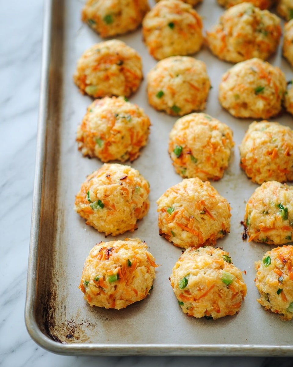 A metal baking sheet with about 16 golden-brown baked savory bites arranged in rows, each bite rounded and textured with visible small pieces of green herbs and orange carrot shreds inside, showing a slightly crispy outer layer and soft interior. The sheet sits on a white marbled surface. photo taken with an iphone --ar 4:5 --v 7