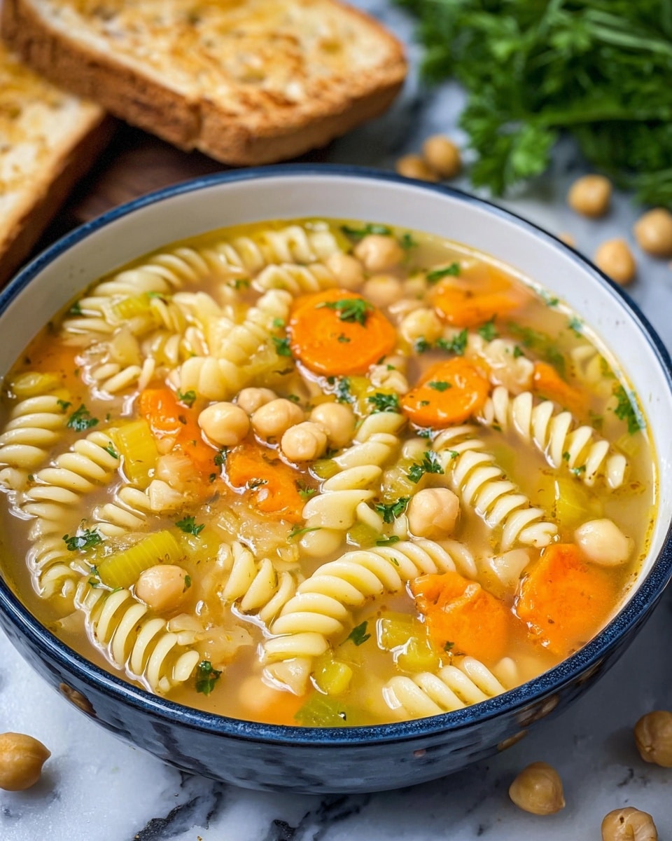 A close-up view of a bowl filled with vegetable soup featuring pale yellow spiral pasta, round chickpeas, and orange carrot slices floating in a clear broth. The soup also contains bits of light green celery and small green herb pieces scattered throughout. The bowl is white with a dark blue rim, placed on a white marbled surface. In the background, there are two toasted slices of bread and a small bunch of green parsley. A few uncooked spiral pastas and chickpeas are scattered around the bowl. Photo taken with an iphone --ar 4:5 --v 7