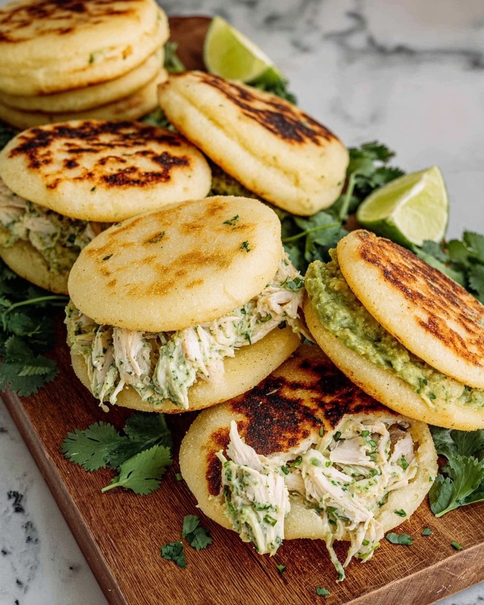 Two sandwich-like arepas sit on a round metal tray, each with two golden-brown, slightly toasted flatbread layers. Between the layers is a thick, creamy green filling made of shredded ingredients mixed with fresh herbs, giving it a textured look. One arepa is topped with a fresh green cilantro leaf. A wedge of lime and a few cilantro leaves are placed on the tray beside the arepas. The tray is on a surface with a white marbled texture, and part of a wooden board with more arepas is visible in the background. A striped cloth is also partly seen near the tray. Photo taken with an iphone --ar 4:5 --v 7