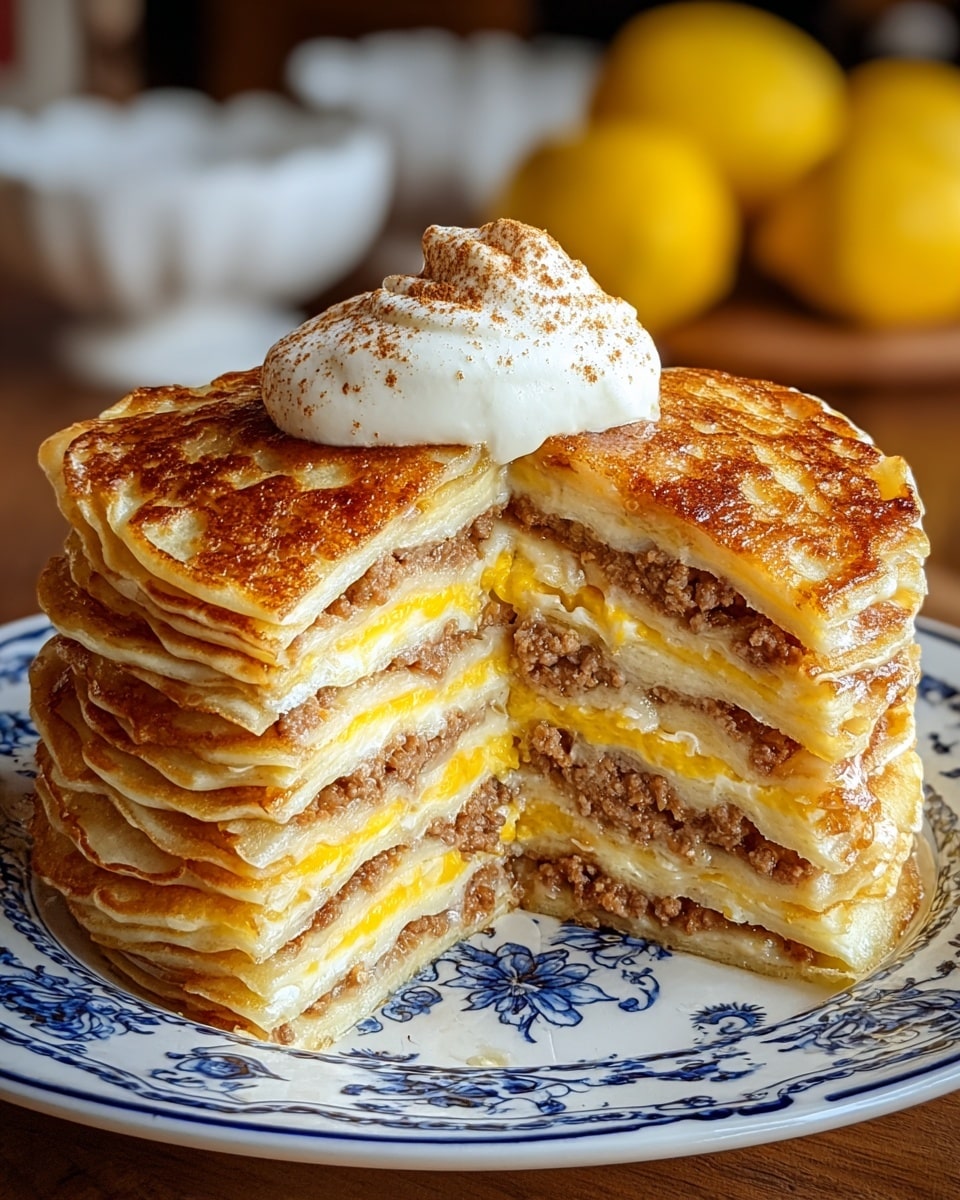 A thick stack of seven golden brown pancake layers sits on a white plate with blue floral patterns; the top pancake has a crispy, slightly uneven surface with a small dollop of white whipped cream sprinkled with brown powder at the center. Between the pancakes, there are alternating layers of bright yellow melted cheese and crumbled cooked sausage with a light brown color. The stack has a wedge removed, showing the soft, fluffy texture inside each pancake and the rich fillings between layers. The background features a blurred white marbled surface and wooden elements, with some yellow lemons softly out of focus. photo taken with an iphone --ar 4:5 --v 7