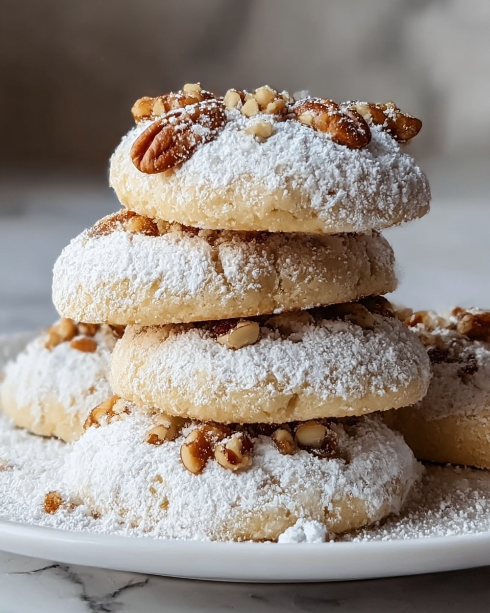 The image shows a stack of four light golden cookies on a white plate, each cookie covered with a thick layer of white powdered sugar on top. On top of the powdered sugar, there are chopped pecans scattered in small clusters, adding a mix of brown and light beige colors and a rough texture. The cookies are soft and slightly puffy, with a crumbly surface visible under the powdered sugar. The plate rests on a white marbled textured surface in soft natural light. photo taken with an iphone --ar 4:5 --v 7