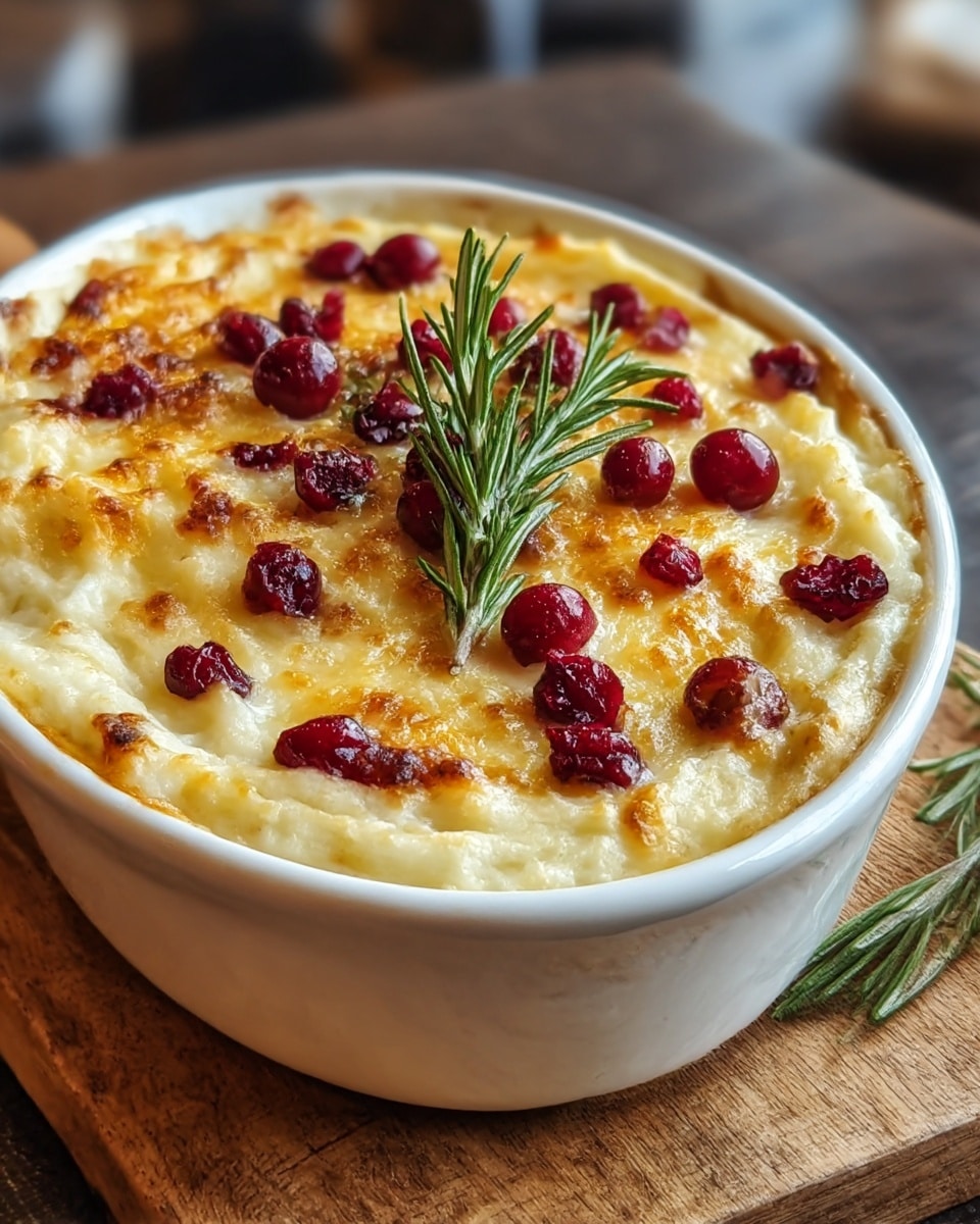 A white oval dish filled with a creamy mashed potato casserole topped with a golden, slightly browned cheese crust. Scattered across the top are small, bright red cranberries providing a contrasting color and texture. In the center, a few fresh green rosemary sprigs lay on top, adding a touch of freshness and decoration. The dish is placed on a wooden board, with the background blurred to keep focus on the warm, inviting casserole. photo taken with an iphone --ar 4:5 --v 7