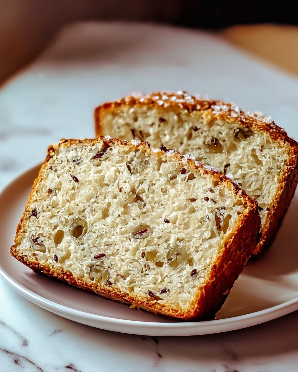 Two thick slices of dense, moist bread are placed side by side on a white plate with a smooth texture. The bread has a golden brown, slightly crispy crust on the bottom and sides, while the inside is light cream with a soft, slightly crumbly texture. Scattered throughout the slices are small, dark seeds and pieces, adding a speckled look along with some greenish olives embedded in the bread. The top surface is sprinkled with coarse grains, possibly salt or sugar crystals, that catch the light, making the texture look rich and tasty. The setting is a white marbled surface with soft, natural light enhancing the warm and inviting colors of the bread. photo taken with an iphone --ar 4:5 --v 7
