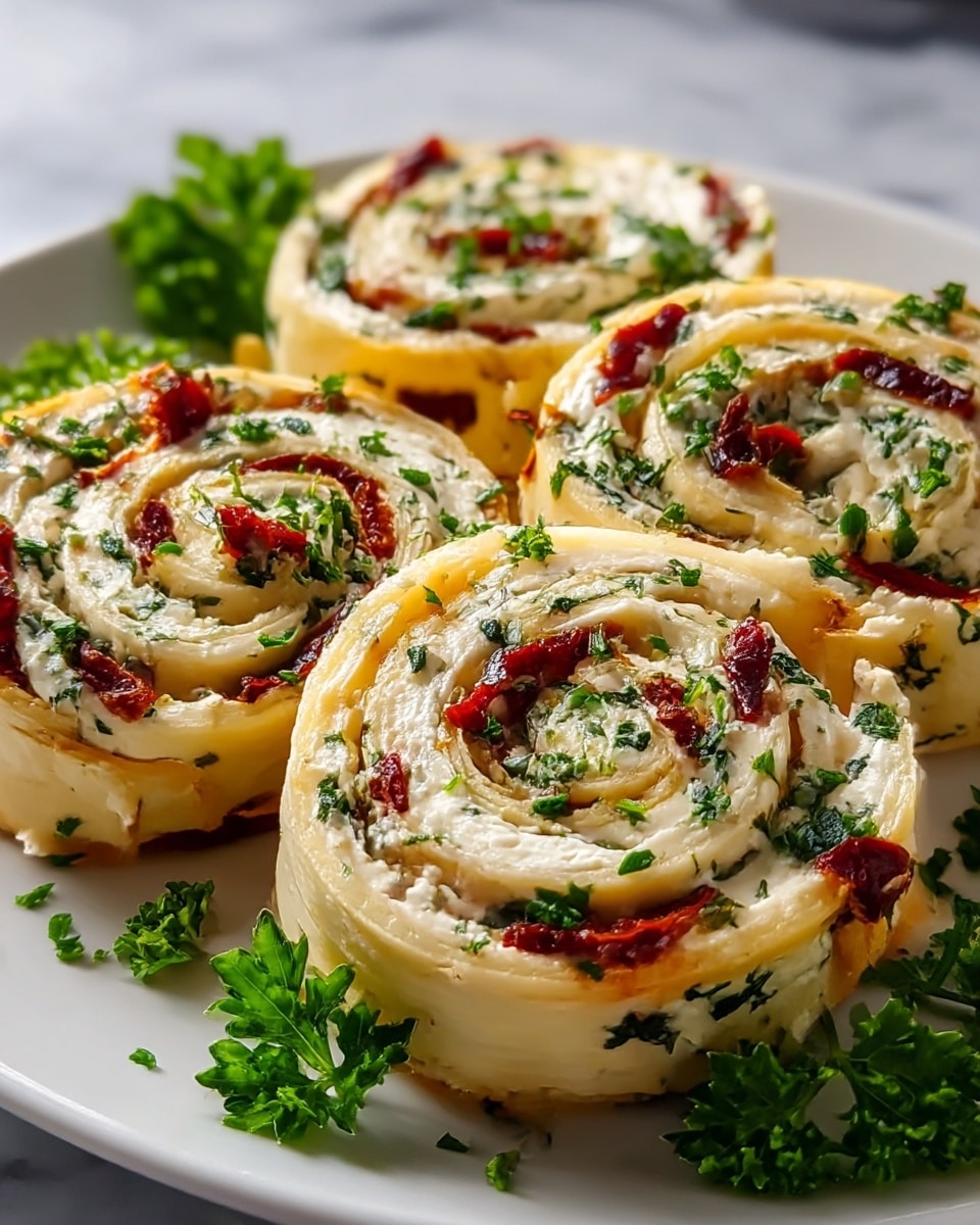 The image shows four thick pinwheel slices arranged closely on a white plate, each slice consisting of multiple thin layers. The outer layer is a soft, pale yellow dough, spirally wrapped around a creamy white cheese layer mixed with bright red pieces of sun-dried tomatoes and sprinkled with finely chopped green herbs. The texture of the dough looks smooth and slightly flaky, while the cheese appears soft and creamy. Small parsley sprigs decorate the plate around the pinwheels, adding a fresh, green contrast to the dish. The background is a white marbled surface, making the colors of the food stand out clearly. photo taken with an iphone --ar 4:5 --v 7