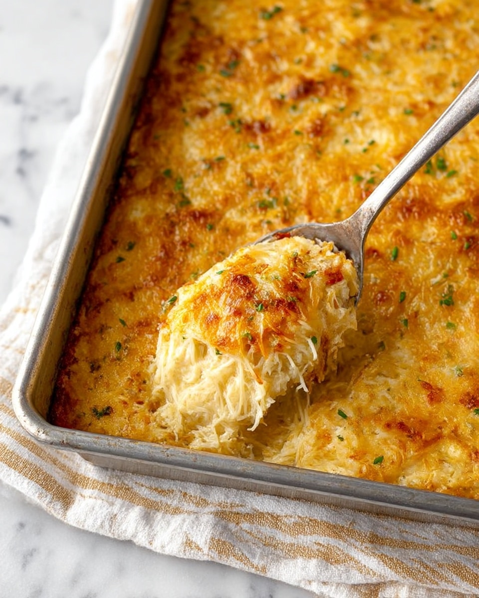The image shows a metal baking pan filled with a golden-brown casserole that has a textured, cheesy top layer with some small green herb pieces sprinkled throughout. A spoon is scooping out a portion, revealing a creamy, soft, and slightly stringy inside layer with a light off-white color and hints of shredded ingredients. The casserole's surface has some small browned spots and crumbs, adding a crunchy look on top. The pan rests on a white and beige striped cloth over a white marbled surface. Photo taken with an iphone --ar 4:5 --v 7