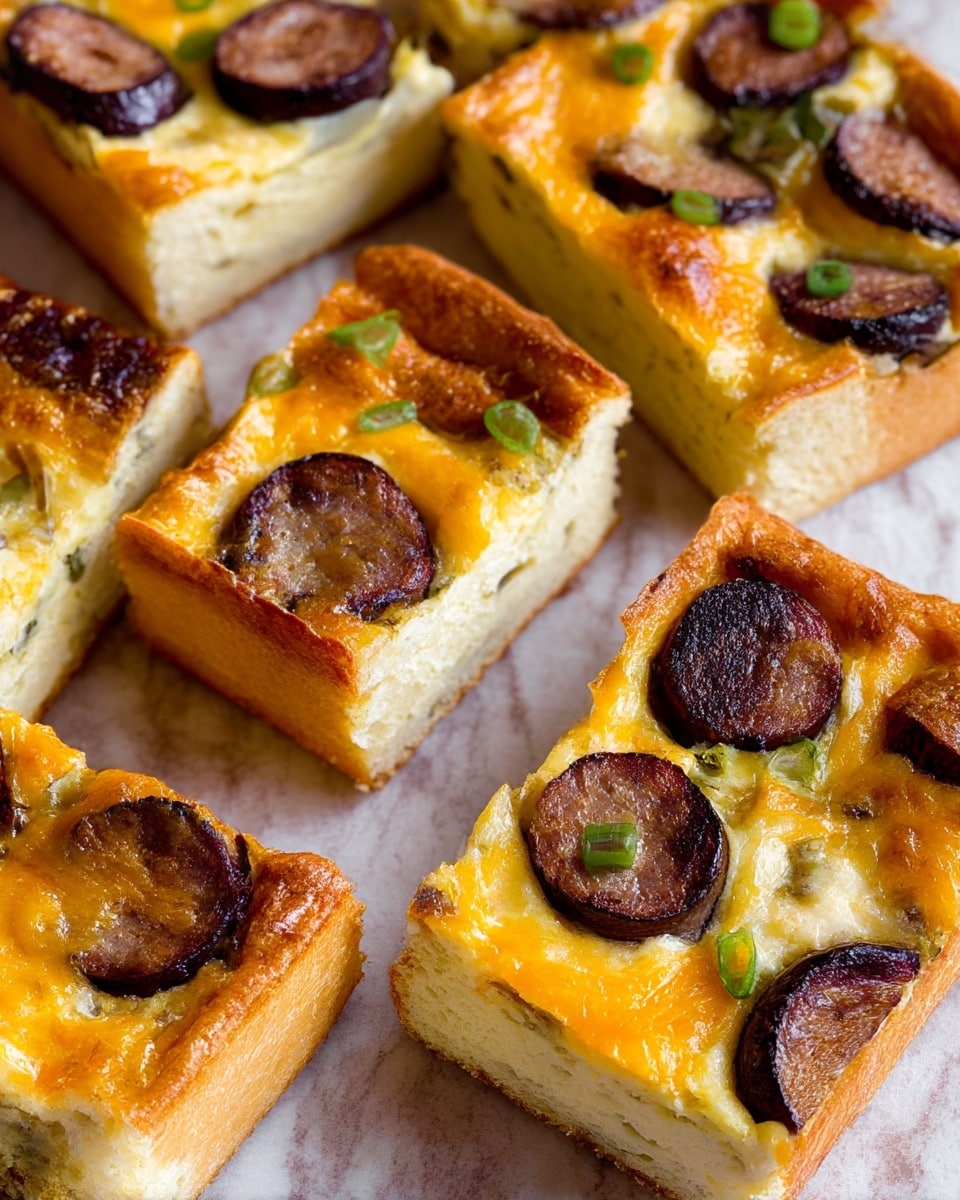 The image shows several rectangular pieces of a breakfast casserole on a white marbled texture. Each piece has three visible layers: the bottom layer is a light golden crust with a bread-like texture, the middle layer is a creamy, pale yellow egg mixture, and the top layer has browned sausage slices that are dark brown with some charred edges, alongside melted cheddar cheese that is orange with a slightly crispy texture. There are small bits of green onions scattered on top, adding a hint of green. The casserole pieces are arranged closely together, highlighting their thick, soft, and cheesy look. photo taken with an iphone --ar 4:5 --v 7