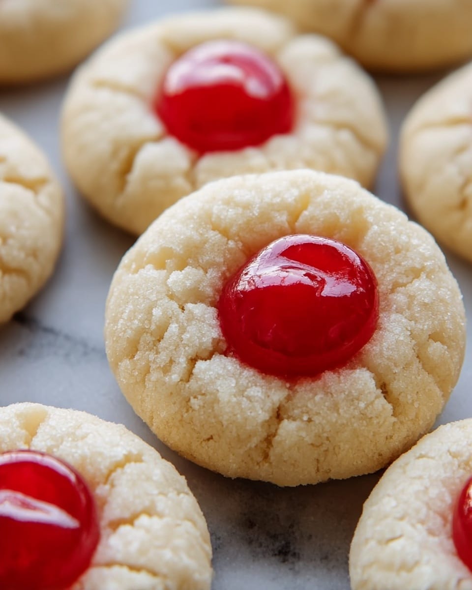 The image shows soft, light beige cookies with a rough, crumbly texture, each having a shiny, bright red cherry placed neatly in the center. The cookies are round and slightly cracked around the cherry, giving a homemade look. They are closely placed on a white marbled surface, creating a visually appealing contrast between the smooth, glossy cherries and the soft, cracked cookies. Photo taken with an iphone --ar 4:5 --v 7
