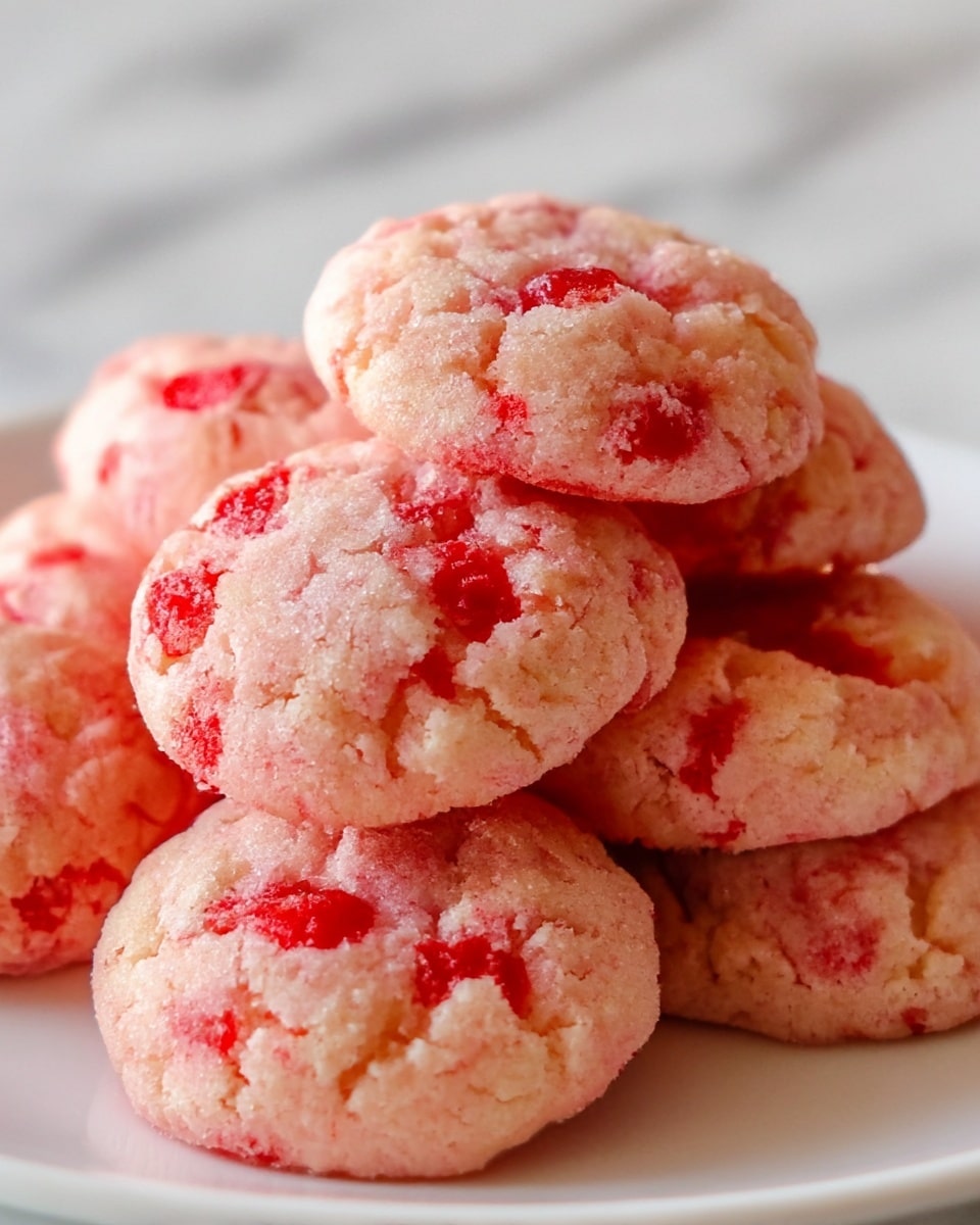 A close-up image of seven soft round cookies stacked on a white plate, each cookie showing a pale pink base color with scattered bright red chunks embedded throughout, giving a slightly uneven texture. The cookies have a slightly cracked surface and a soft, crumbly look, arranged in layers where one cookie rests on top of another. The background features a white marbled texture, adding a clean and fresh feel to the image. photo taken with an iphone --ar 4:5 --v 7