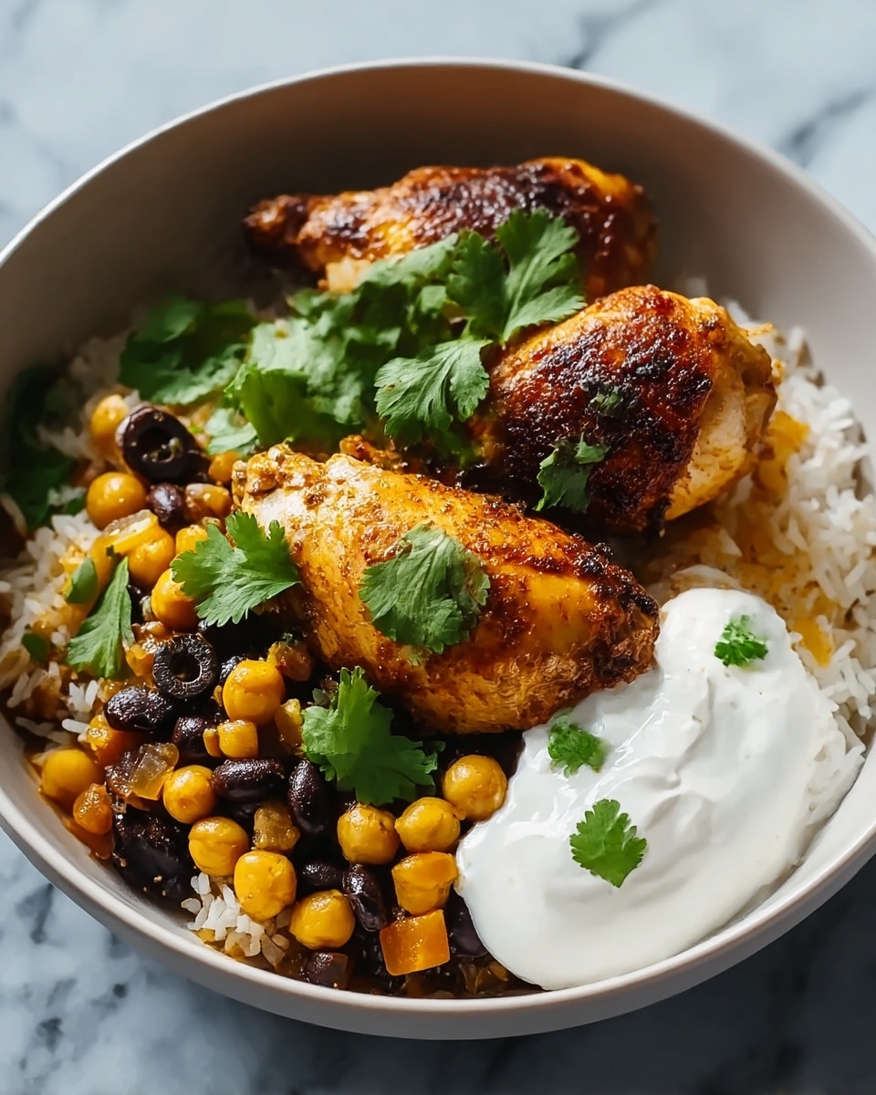 A bowl filled with three layers is shown: the bottom layer is white rice with a soft, fluffy texture; above the rice, there is a mix of cooked chickpeas, black olives, and small diced orange vegetables evenly spread, adding golden yellow, black, and orange colors; on top sit two pieces of browned chicken, well-cooked with a slightly crispy skin and a rich golden-brown color, garnished with fresh green cilantro leaves. A dollop of white yogurt with a smooth, creamy texture decorated with cilantro leaves rests near the chicken. The bowl is white and placed on a white marbled surface. Photo taken with an iphone --ar 4:5 --v 7