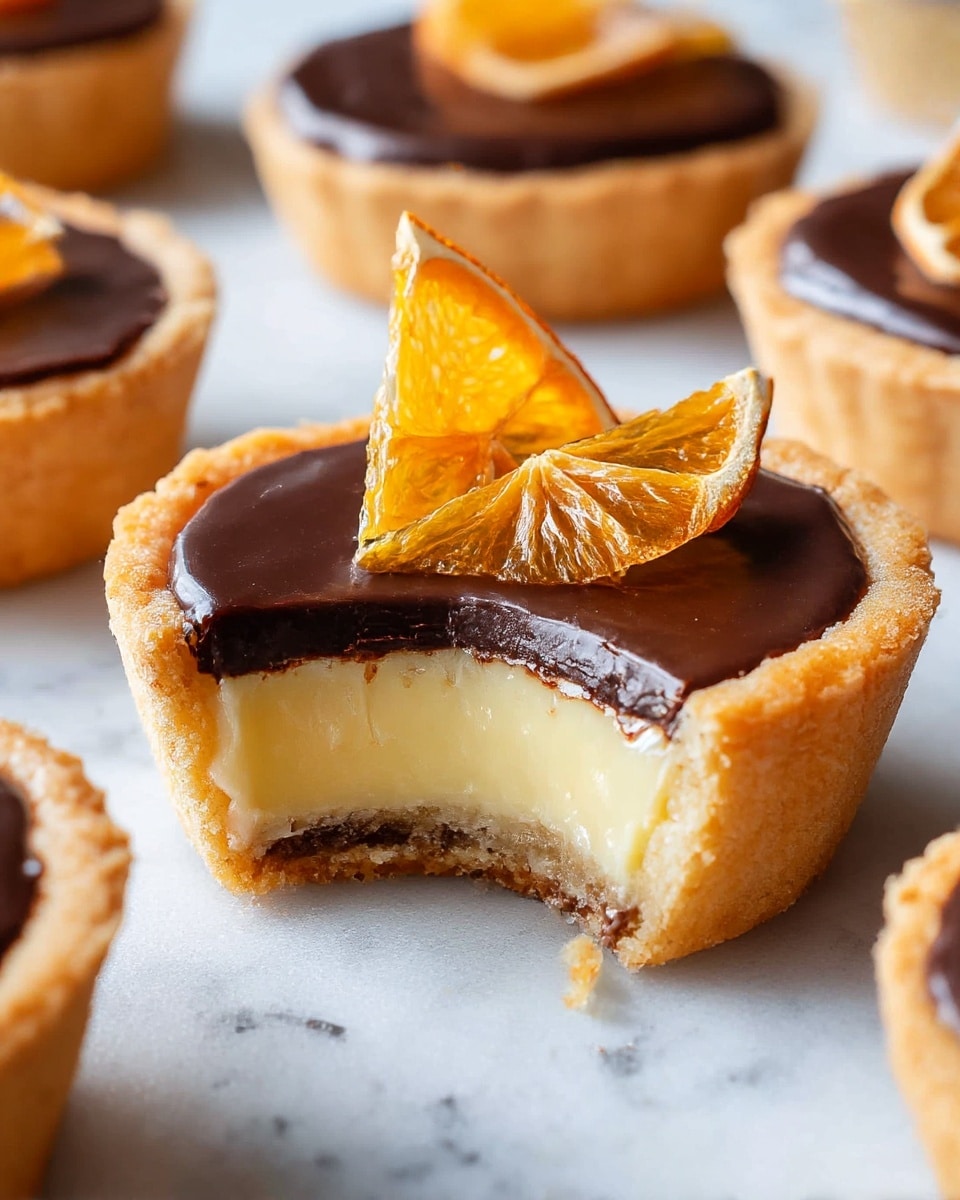 A close-up of a small tart with three visible layers: the base is a light golden brown crispy crust, the middle layer is a smooth, pale yellow filling with a creamy texture, and the top layer is a shiny, dark chocolate glaze covering the whole tart. On top of the chocolate layer, there are two thin, triangular dried orange slices placed upright. The tart has a bite taken from it, showing a clear view of the creamy filling inside. Around it, other similar tarts with the same glossy chocolate topping are slightly out of focus on a white marbled surface. photo taken with an iphone --ar 4:5 --v 7