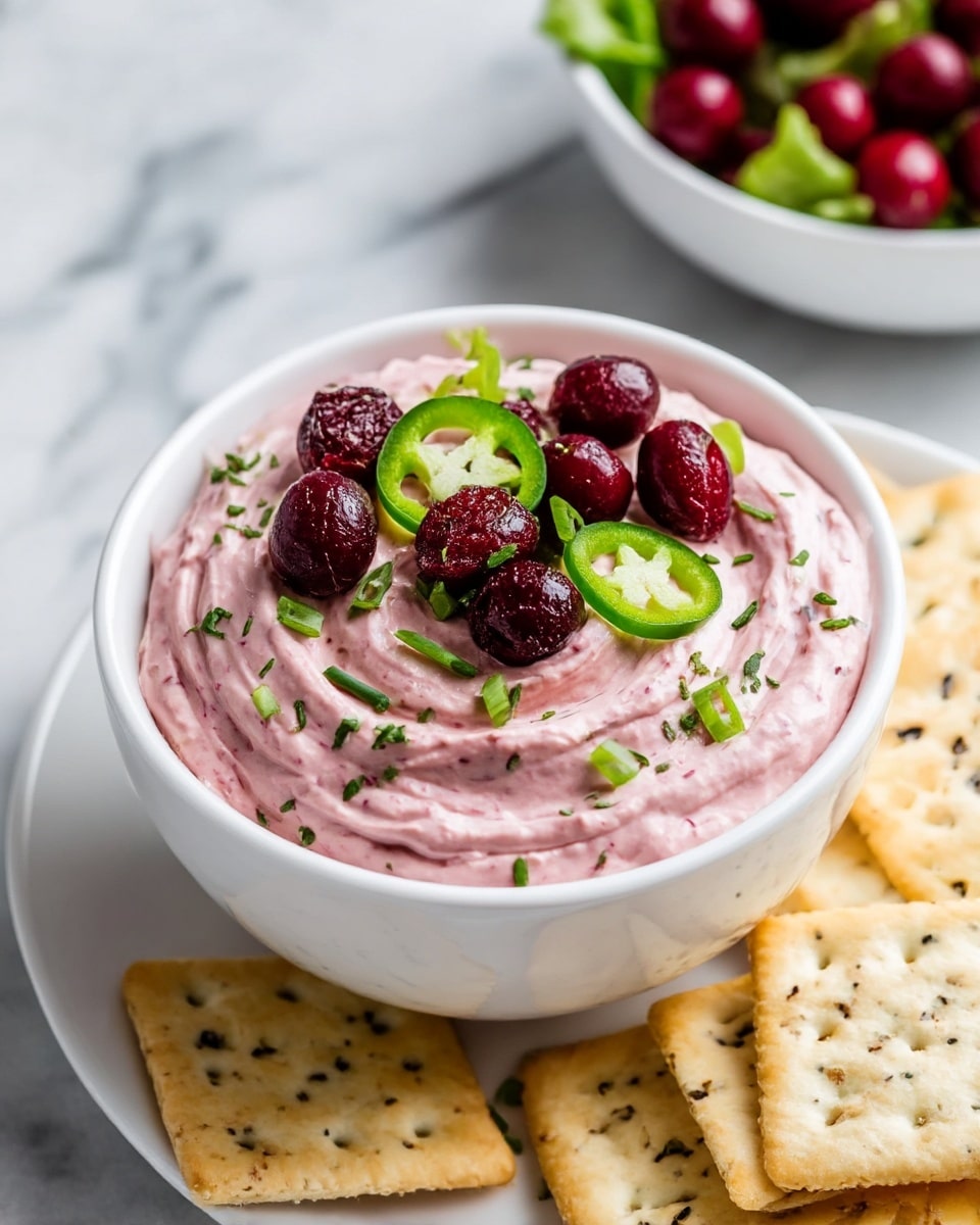 A small white bowl filled with a creamy pink dip, swirled smoothly on top. The dip is topped with whole dark red cranberries, thin slices of bright green jalapeño peppers, and small chopped green onions scattered over it, along with tiny green herb flakes. The bowl rests on a white plate holding light golden crackers with specks of black seasoning. In the background, another white bowl with more cranberries and leafy greens can be seen on a white marbled surface. Photo taken with an iphone --ar 4:5 --v 7