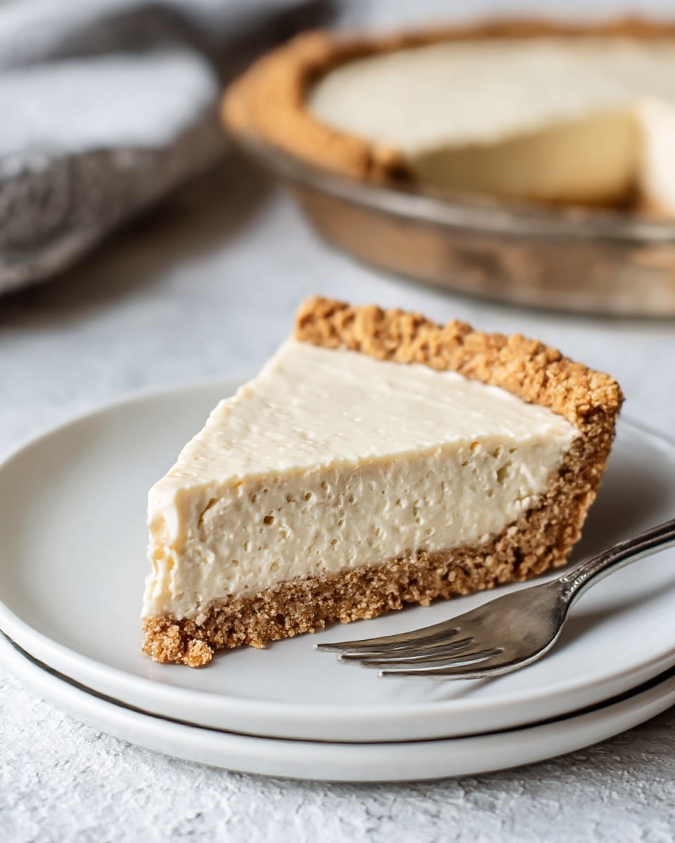 A slice of pie on a white plate shows two layers: the bottom and sides are a thick, crumbly, light brown crust, and the top is a smooth, creamy, off-white filling. The filling has a soft, even texture without cracks, and the crust edges are rough, giving a homemade look. A silver fork rests on the right side of the plate. In the background, the full pie with a similar crust and filling is partially visible, all on a white marbled textured surface. photo taken with an iphone --ar 4:5 --v 7