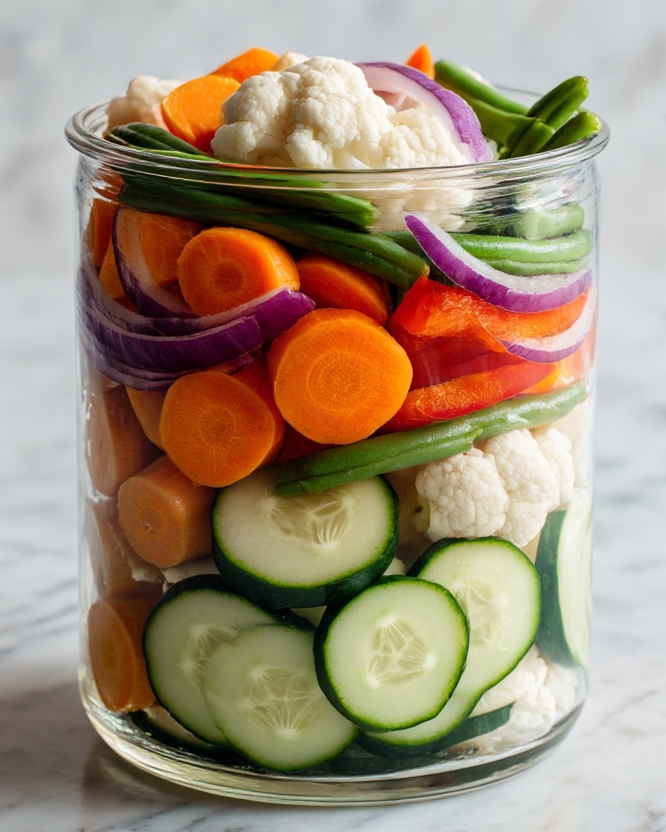 A clear glass container filled with a colorful mix of fresh cut vegetables. The bottom layer has thin slices of light green cucumber with seeds visible. Above this are small round bright orange carrot slices and large white cauliflower florets with creamy textures. Scattered around are whole green beans with a smooth surface and bright green color. Mixed in are thin slices of purple onion rings and a few strips of red bell pepper, adding bright red tones. The vegetables are slightly shiny, showing freshness and moisture, all set against a white marbled texture. Photo taken with an iphone --ar 4:5 --v 7