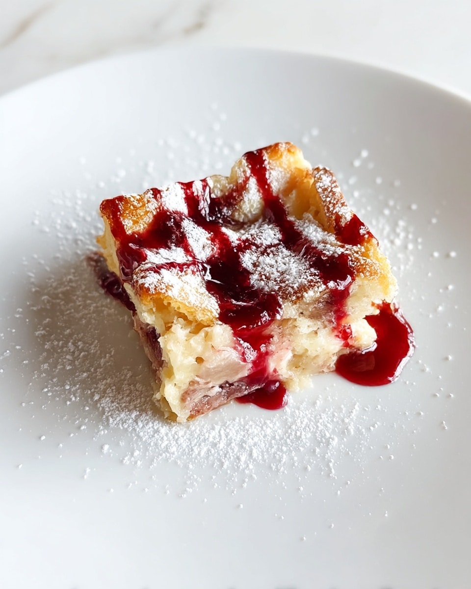 A small, square piece of bread pudding sits in the center of a white plate, showing a golden-brown and slightly crispy top layer with bits of baked bread peeking through. Swirls of deep red berry sauce run over the top in thin streaks, contrasting with the light, creamy texture of the pudding underneath. The dessert is dusted with a fine layer of powdered sugar that lightly covers the edges of the plate, creating a soft, snowy effect on the white marbled background. The bread pudding looks moist with a mix of light tan and pale pinkish hues inside. photo taken with an iphone --ar 4:5 --v 7