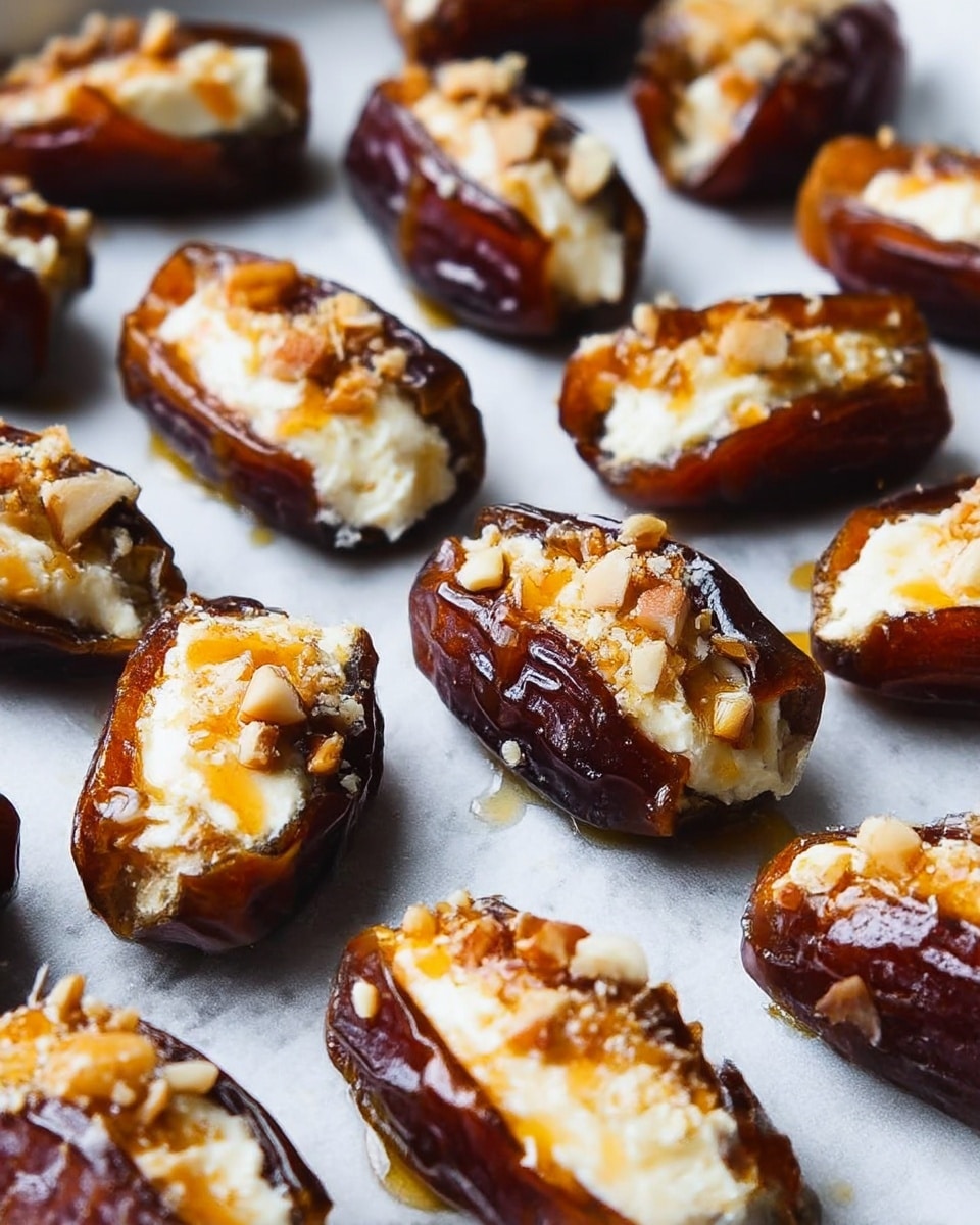 The image shows close-up of stuffed dates arranged closely on a white marbled surface covered with white parchment paper. Each date is split in half, glossy and dark brown outside, with a smooth, creamy white cheese filling inside. The creamy layer is topped with small chunks of light brown nuts and drizzled with golden honey, making the dates look sticky and shiny. The dates are arranged in rows, filling the frame with a rich and inviting texture. Photo taken with an iphone --ar 4:5 --v 7