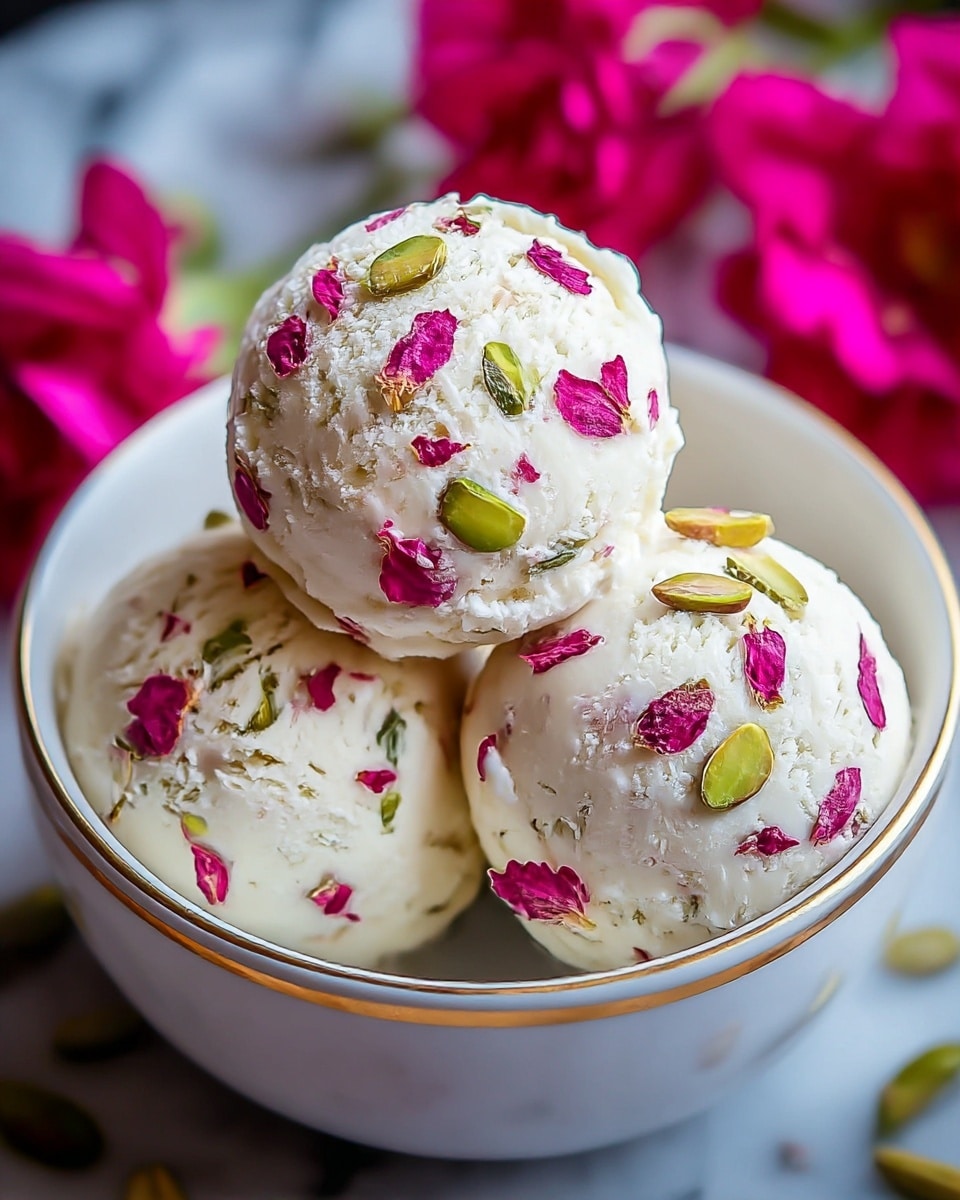 Three scoops of creamy white ice cream with pink rose petals and small green pistachio pieces are placed inside a white bowl with a thin gold rim. The ice cream texture looks smooth and soft, with visible bits of petals and nuts scattered evenly throughout each scoop. The bowl sits on a white marbled surface, with blurred bright pink flowers in the background adding color contrast. photo taken with an iphone --ar 4:5 --v 7