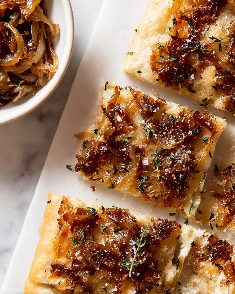 A golden flatbread cut into squares rests on a white marbled surface, featuring a soft, slightly puffy dough base with a light crisp around the edges. The top layer is generously covered with caramelized onions, which are dark brown with a glossy, sticky texture, and sprinkled with fresh green herbs and coarse sea salt flakes, giving a mix of rough and delicate textures. Small bits of thyme leaves add a touch of green and fine detail across the flatbread’s top. On the left edge, part of a white bowl is visible, containing more caramelized onions. photo taken with an iphone --ar 4:5 --v 7