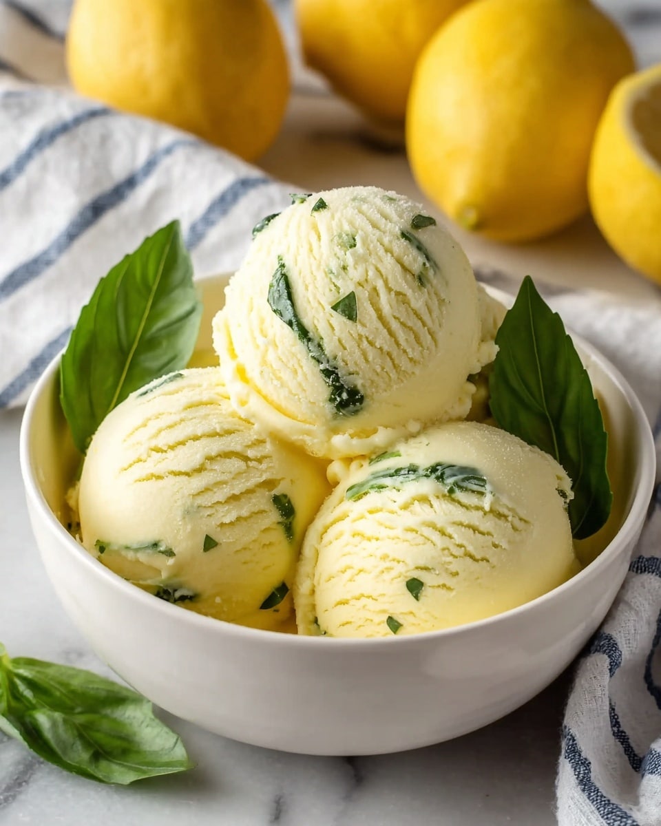 A white bowl holds three scoops of pale yellow lemon ice cream, each scoop showing delicate green streaks of basil leaves mixed inside. The ice cream texture looks smooth and creamy with soft ridges from scooping. Three dark green basil leaves are placed around the scoops as garnish. The bowl sits on a white marbled surface with blurred yellow lemons in the background and a white cloth with blue stripes partially visible to the side. photo taken with an iphone --ar 4:5 --v 7