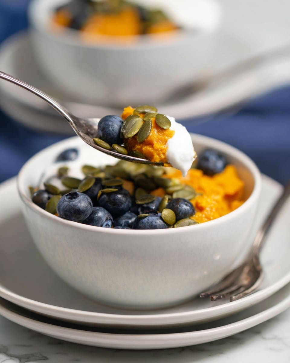 A close-up view of a white bowl filled with layers of food: at the bottom are fresh dark blue blueberries, followed by a bright orange, slightly chunky puree or mash, topped with green pumpkin seeds and a dollop of white creamy yogurt. A spoon holding a scoop of the orange puree, yogurt, and pumpkin seeds hovers above the bowl, ready to serve. The bowl is placed on two stacked white plates against a white marbled textured surface. Another similar white bowl with the same ingredients is blurred in the background. Photo taken with an iphone --ar 4:5 --v 7