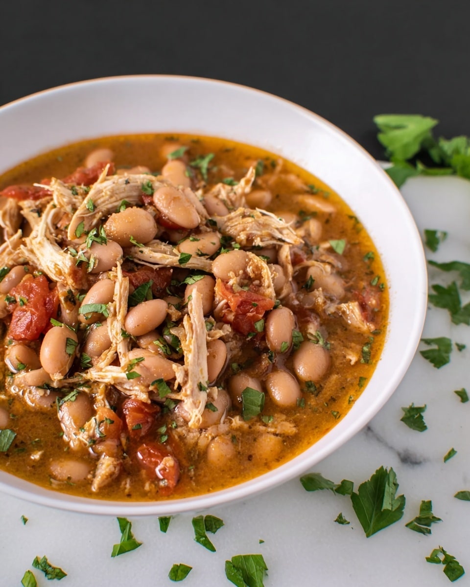 A white bowl filled with a thick stew made of pinkish-brown beans and shredded light brown chicken pieces mixed in a slightly shiny reddish-brown broth. Small bits of red tomatoes and finely chopped green herbs are scattered throughout, adding touches of bright color. The bowl is set on a white marbled surface with a few chopped green herb leaves around it, giving a fresh look. Photo taken with an iphone --ar 4:5 --v 7