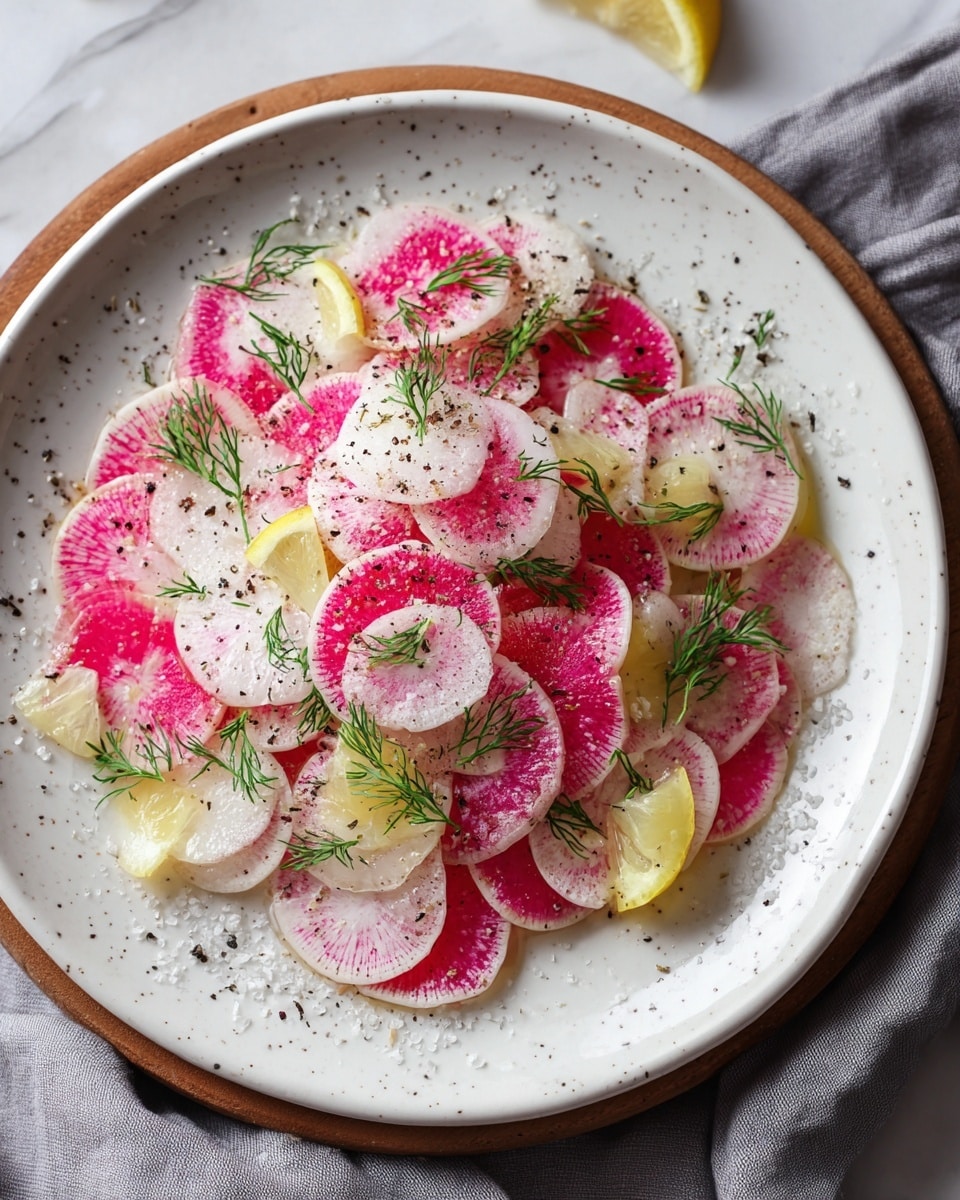 A white speckled plate holds a thin, even layer of pink-edged radish slices spread across the bottom. On top of these slices, small lemon wedges with bright yellow peel are scattered around the dish, adding color contrast. Fresh green dill sprigs are placed evenly among the radishes and lemon wedges, contributing a soft texture. Coarse salt crystals and small black pepper flakes are sprinkled lightly over everything, giving a slightly rough texture and enhancing the visual detail. The entire dish looks fresh and lightly dressed, sitting on a white marbled surface. photo taken with an iphone --ar 4:5 --v 7