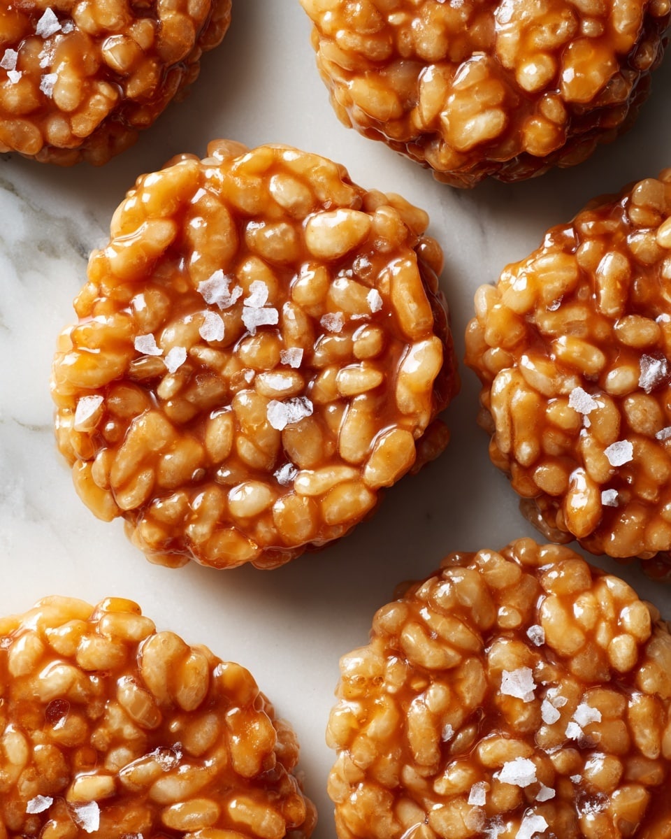 The image shows several round clusters of light golden puffed rice held together by a sticky caramel-colored syrup, forming thin, uneven discs. Each disc has a shiny, slightly wet surface with small pops of texture from the puffed rice, and some are topped with a sprinkling of coarse white salt flakes. The treats are placed directly on a clean white marbled surface with visible cracks and light texture, and the close-up view highlights the crunchiness and sticky glaze of the puffed rice clusters. photo taken with an iphone --ar 4:5 --v 7