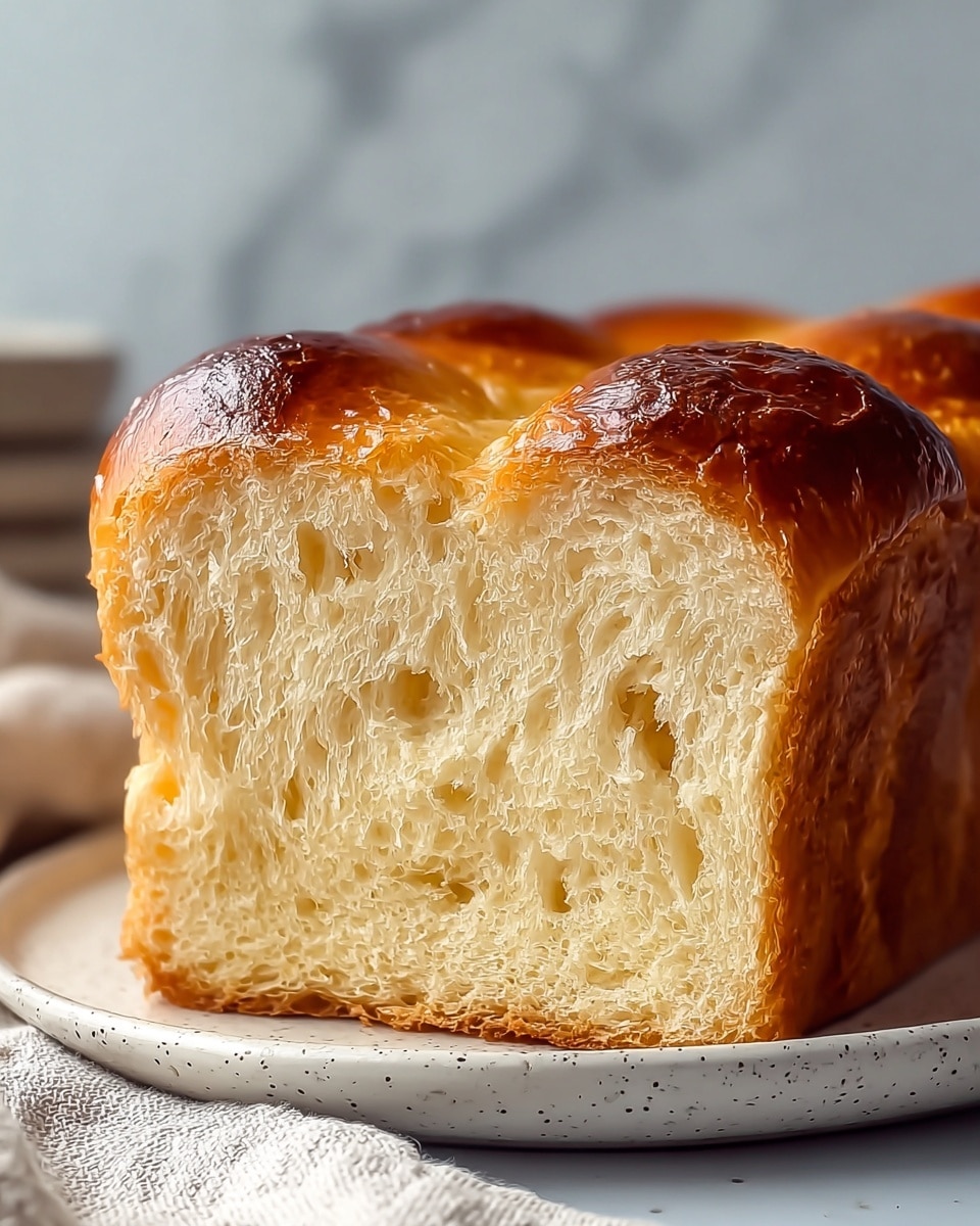 A close-up view of a loaf of brioche bread sliced to show its soft, airy inside and golden-brown crust. The bread has a light, fluffy texture with visible small holes spread evenly throughout the single thick slice. The top crust is shiny, rich amber with rounded peaks, while the edges are darker brown and crisp. The loaf is placed on a white plate with a speckled pattern, set against a white marbled background. photo taken with an iphone --ar 4:5 --v 7