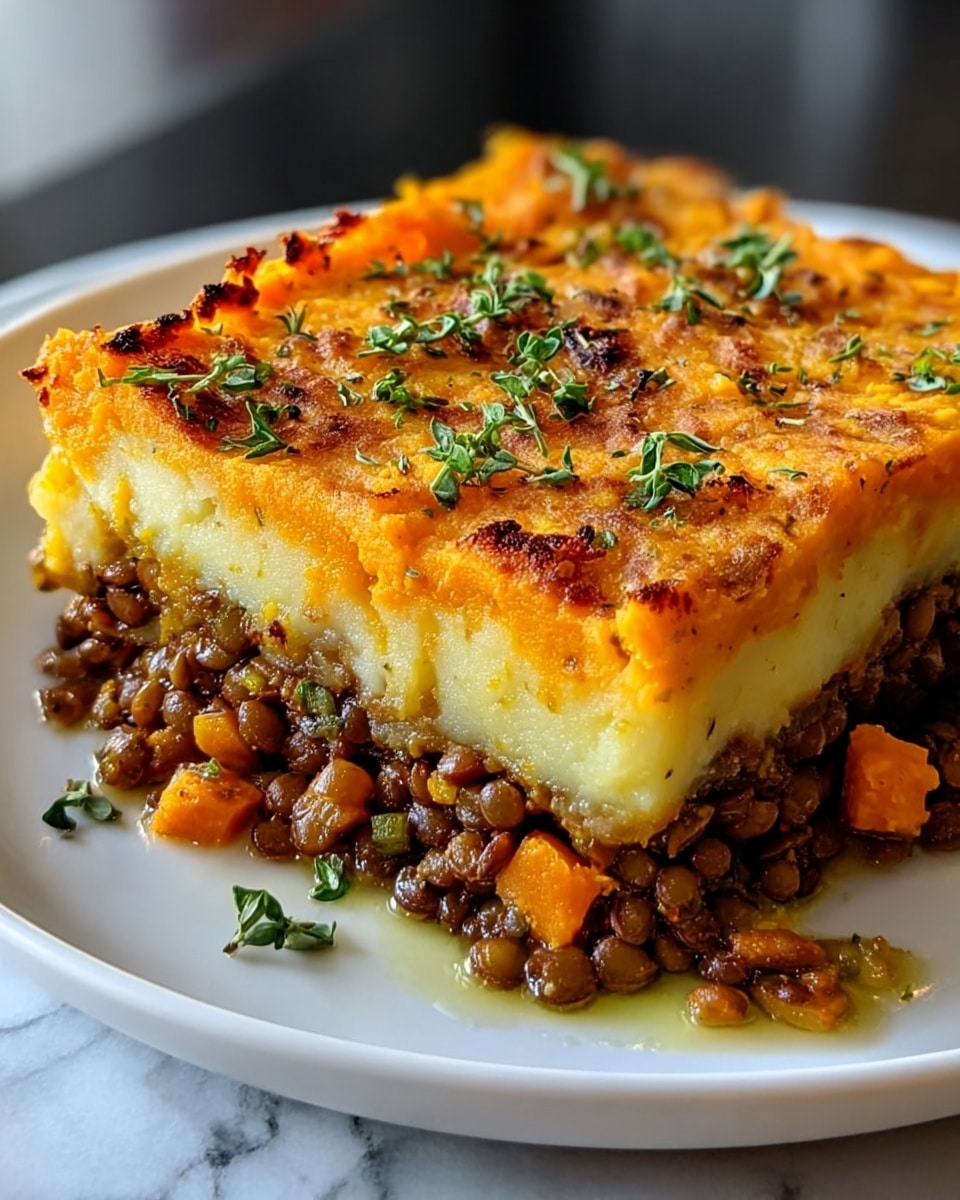 A square piece of layered casserole sits on a white plate with a white marbled texture background. The bottom layer is dark brown with cooked lentils mixed with orange diced vegetables, giving it a chunky texture. The middle layer is smooth and creamy mashed potatoes in a pale yellow color. The top layer is bright orange mashed sweet potatoes with a slightly browned and crispy surface, sprinkled with small green herb leaves. Pieces of lentils and orange vegetables peek out from the sides, showing the layers clearly. photo taken with an iphone --ar 4:5 --v 7