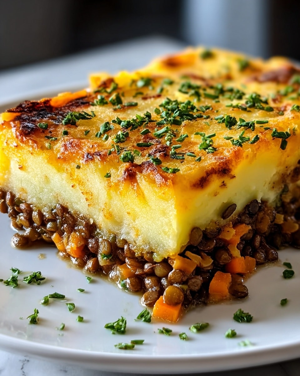 A close-up of a rectangular slice of layered casserole on a white plate, placed on a white marbled surface. The dish has three visible layers: the bottom layer is dark brown with small green lentils mixed with orange vegetable chunks, the middle layer is smooth and creamy light yellow mashed potatoes, and the top layer is a golden-brown baked cheese crust sprinkled with finely chopped green herbs. The edges show some lentils and vegetables peeking out, adding texture. The lighting is soft, highlighting the crispy top and moist layers beneath. photo taken with an iphone --ar 4:5 --v 7