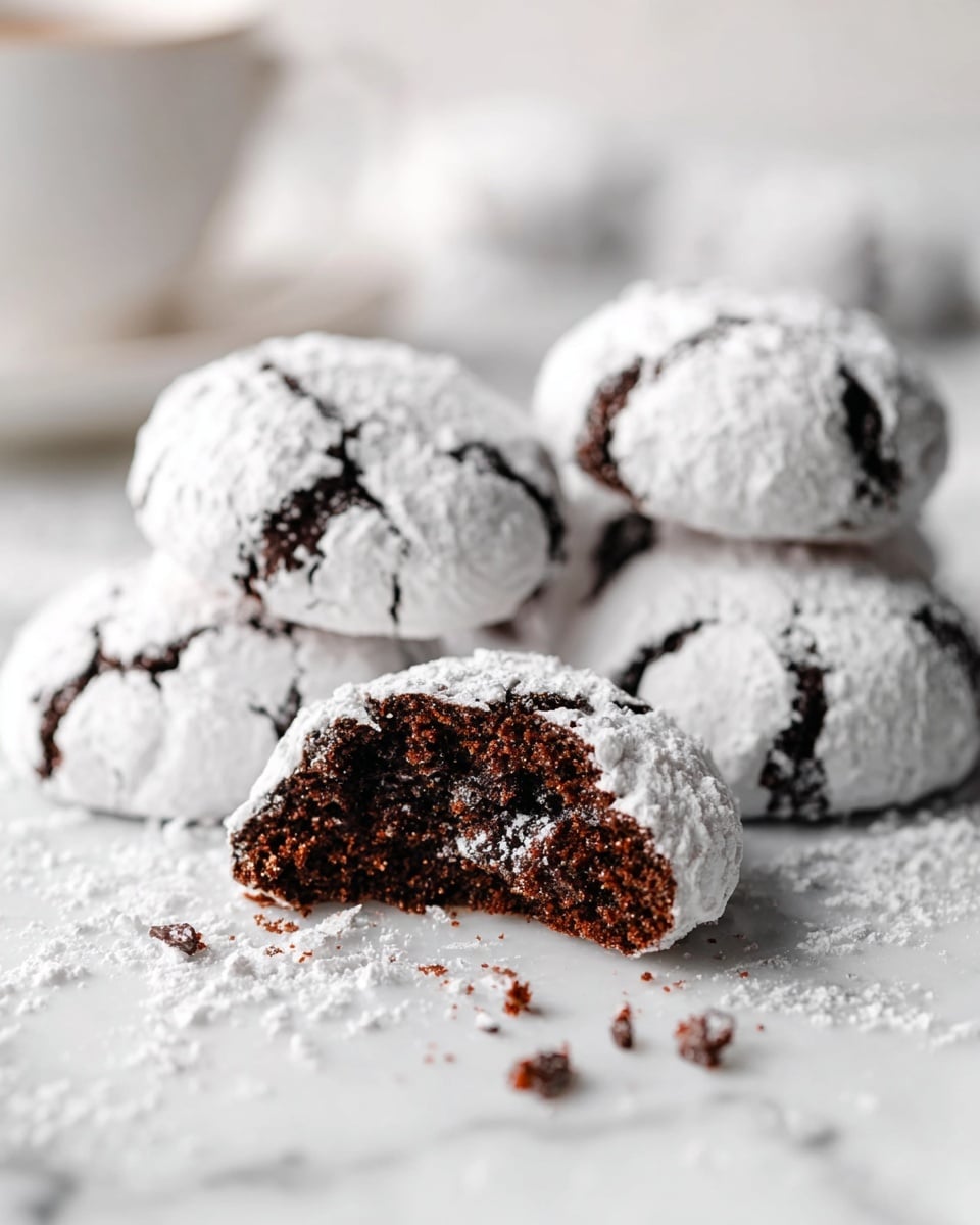 The image shows a group of round chocolate cookies covered with a thick layer of white powdered sugar that cracks open to reveal the dark brown, soft, and moist chocolate inside. One cookie in the center is bitten, showing a textured interior filled with small chocolate chunks. The cookies rest on a white marbled surface, with scattered powdered sugar around them, giving a fresh and inviting look. In the background, there is a blurred white cup that adds to the soft, clean setting. photo taken with an iphone --ar 4:5 --v 7
