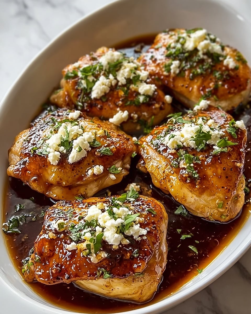 The image shows five pieces of cooked chicken thighs with a glistening golden-brown color, sitting in a dark, glossy sauce inside a white dish. Each piece is topped with small dollops of white creamy cheese and sprinkled with fresh green herbs. The chicken thighs have a slightly crispy, caramelized texture on top, and one piece is cut open to show the light, juicy meat inside. The dish is placed on a white marbled surface. photo taken with an iphone --ar 4:5 --v 7