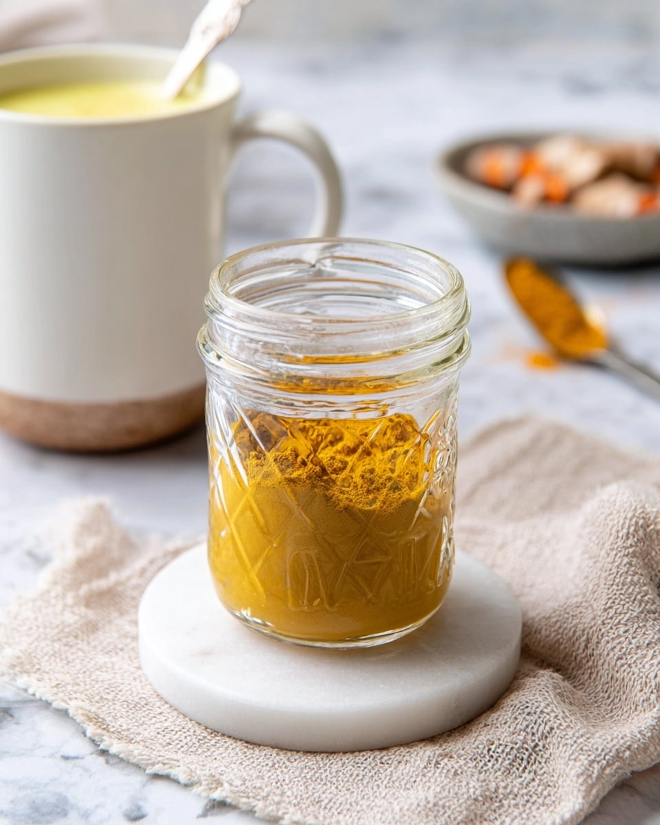 A small clear glass jar with embossed writing is filled more than halfway with bright yellow turmeric powder, showing a textured and slightly uneven surface inside. The jar sits on a smooth, round white marble coaster. In the background, there is a white mug with a light yellow liquid inside and a spoon resting in it, placed on a textured beige cloth, all set on a white marbled surface. A small metal measuring spoon with some turmeric powder on it and a blurred bowl with food can be seen further back. Photo taken with an iphone --ar 4:5 --v 7