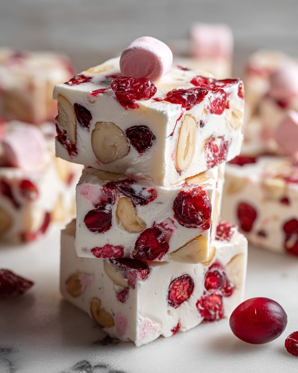 A close-up image of three stacked white nougat squares on a white marbled surface, each square filled with bright red cranberries, light beige nut pieces, and soft pink marshmallows embedded within a creamy white base. The top square shows glossy cranberry pieces and a tiny light pink marshmallow on its smooth, slightly shiny surface. The background is softly blurred but reveals more nougat pieces and a single loose cranberry near the stack. photo taken with an iphone --ar 4:5 --v 7