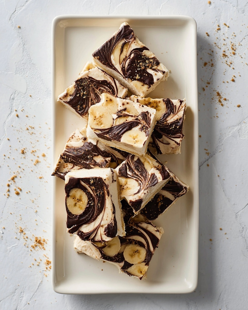 A white rectangular plate holds several pieces of a layered dessert arranged in a pile. Each piece has a light beige creamy base layer with slices of banana embedded on top. Swirls of dark chocolate are spread artistically across the surface, creating bold, flowing darker patterns that contrast with the pale cream and yellow banana slices. The top also has a fine sprinkling of light brown crumbs or powder, adding texture. The plate sits on a white marbled surface with a few scattered crumbs around it. photo taken with an iphone --ar 4:5 --v 7