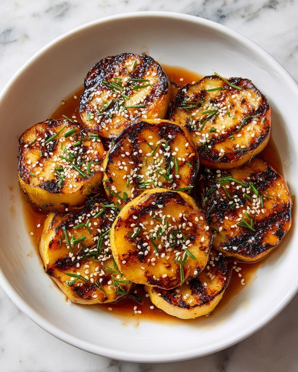 The image shows a white round plate filled with ten pieces of grilled bamboo shoots cut into thick cylindrical sections. Each bamboo shoot piece has a golden yellow color with dark brown char marks on the top surface and around the edges, giving a grilled texture. The tops are sprinkled with small white sesame seeds and garnished with small green chopped herbs. There is a layer of shiny sauce pooling around the base of the bamboo shoots, adding a glossy look. The plate is set on a white marbled texture surface. photo taken with an iphone --ar 4:5 --v 7