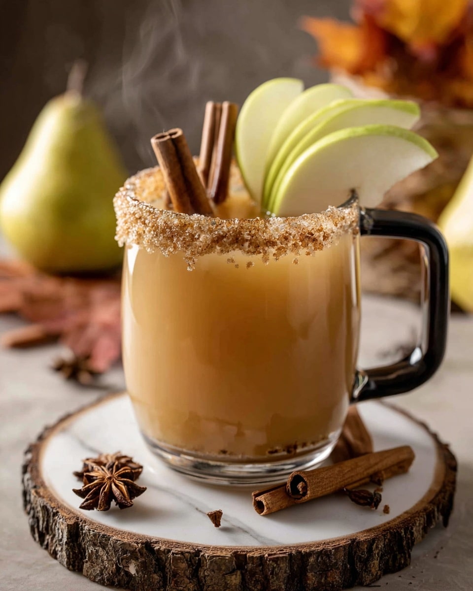 A clear glass mug with a black handle holds a warm light brown drink topped with a few slices of green apple fanned out on one side and two cinnamon sticks standing upright. The rim of the mug is coated with a layer of crushed brown spice. The mug sits on a round wooden slab with bark edges, placed on a white marbled surface. Around the mug are cinnamon sticks and star anise, with background pears and autumn leaves blurred softly. Gentle steam rises from the drink, adding warmth to the scene. Photo taken with an iphone --ar 4:5 --v 7