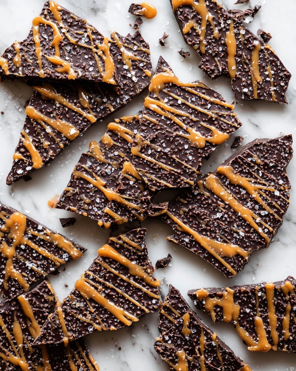 The image shows several broken pieces of dark chocolate bark scattered on a white marbled surface. Each piece has a rough texture from small crunchy bits mixed into the chocolate, giving it a bumpy look. Drizzled unevenly across the top are thick lines of smooth, caramel-colored sauce that add contrast and highlight the dark chocolate underneath. Some pieces have coarse salt crystals sprinkled lightly on top, adding sparkle and texture. The bark pieces vary in size and shape, with jagged edges showing where they have been broken apart. Photo taken with an iphone --ar 4:5 --v 7