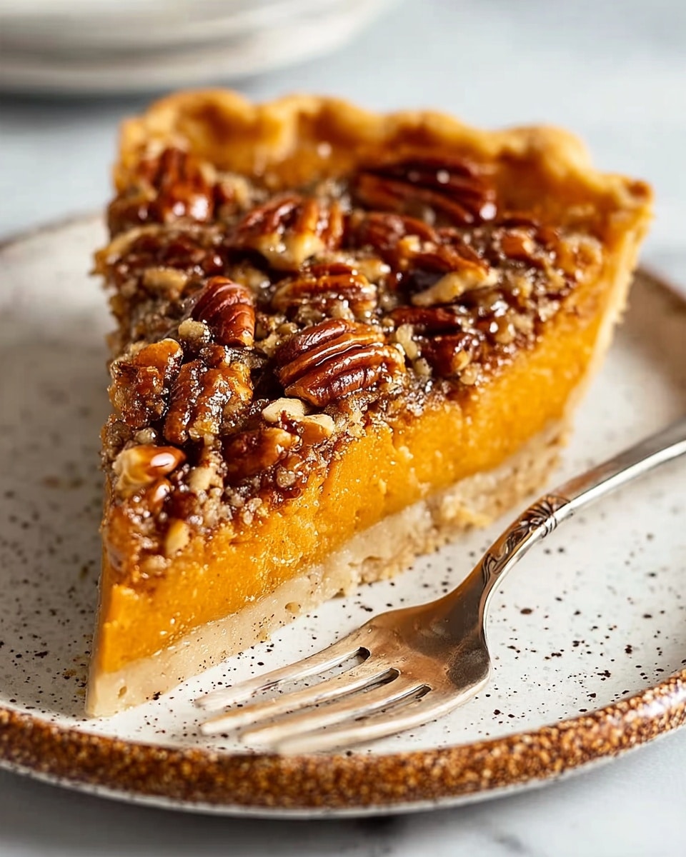 A close-up of a three-layer pie in a clear glass pie dish on a white marbled surface, showing a slice taken out to reveal the layers; the bottom crust is golden and crumbly, the middle layer is a smooth, thick, deep orange filling, and the top layer is a textured mix of glossy, caramelized pecans and walnut pieces with a few whole pecans scattered on top; the edges of the crust are fluted. photo taken with an iphone --ar 4:5 --v 7