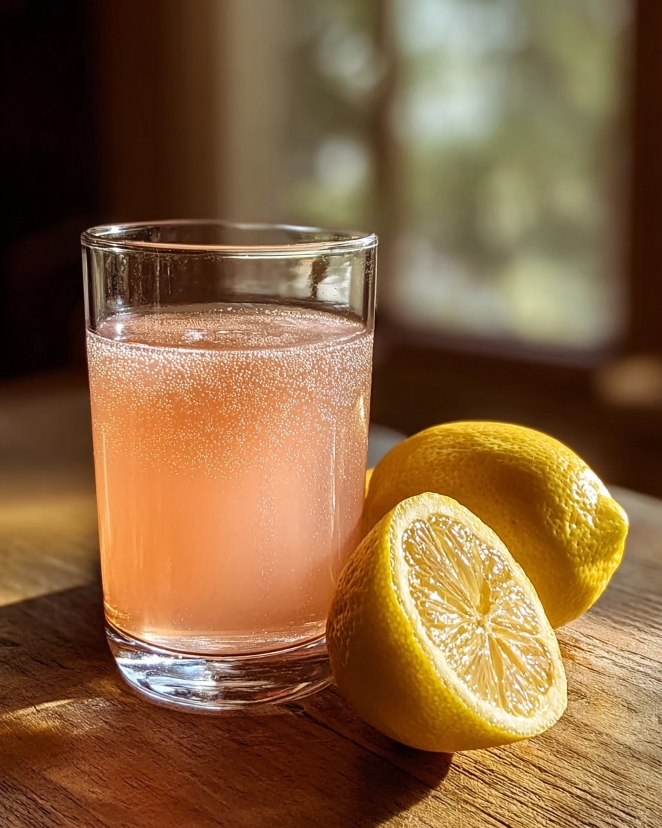 A clear glass filled almost to the top with a light pink, slightly bubbly drink sits on a wooden table. Next to the glass are two fresh yellow lemons, one whole and one cut in half showing its juicy, textured inside. The background is softly blurred with warm light coming from a window, giving a cozy feeling. photo taken with an iphone --ar 4:5 --v 7