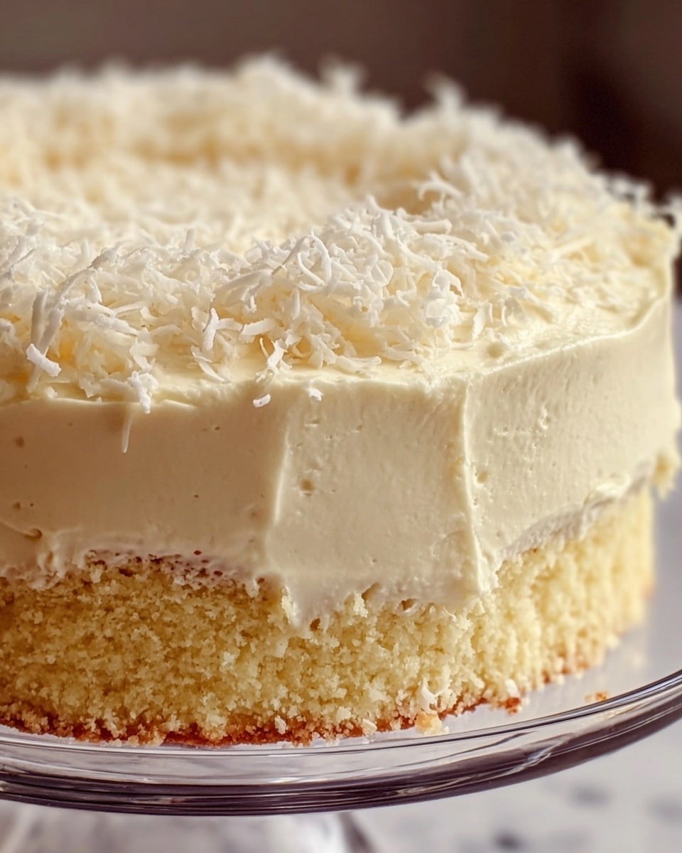 A close-up view of a single-layer vanilla cake on a clear glass cake stand, featuring a thick, creamy white frosting covering the top and sides unevenly with a soft, whipped texture. The cake layer at the bottom is pale golden yellow and crumbly, slightly visible through the frosting. The top is decorated with a light sprinkling of shredded white coconut, adding texture and contrast. The background shows a white marbled surface, enhancing the cake’s creaminess and color. photo taken with an iphone --ar 4:5 --v 7
