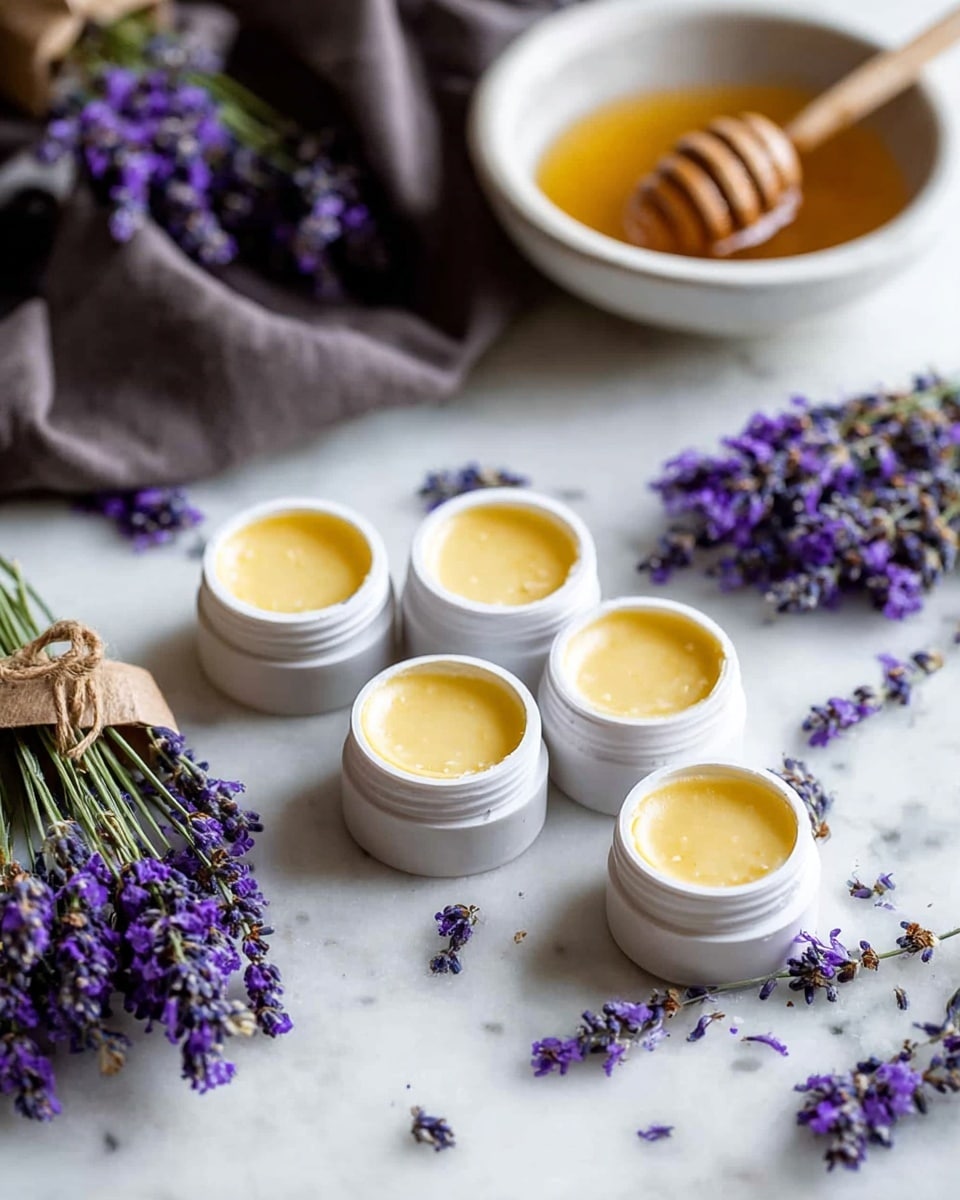 Five small white containers filled with a smooth yellow balm are arranged on a white marbled surface. Surrounding the containers are fresh purple lavender flowers with green stems, some scattered loosely and some bundled together with twine. In the background, there is a white bowl filled with honey and a wooden honey dipper resting next to it. A dark fabric is draped casually on the left side of the image. The scene has a soft, natural light highlighting the textures of the balm, flowers, and honey. photo taken with an iphone --ar 4:5 --v 7