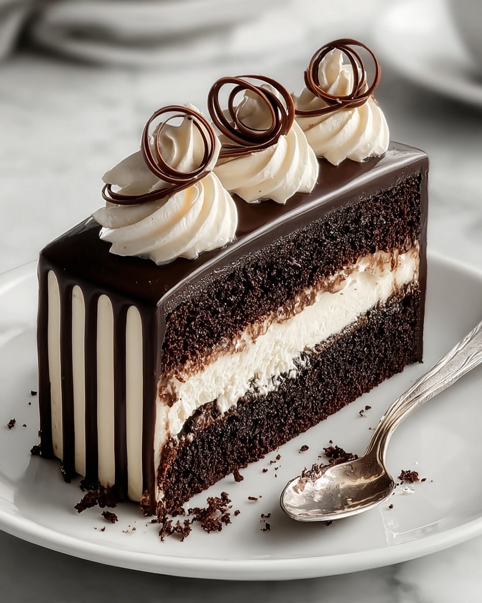 A slice of rich chocolate cake with four visible layers placed on a white plate on a white marbled texture; the bottom layer is dark, moist chocolate cake, followed by a thick layer of white cream, then another dark chocolate layer, and topped with the same white cream. The entire slice is covered in a smooth, glossy dark chocolate glaze with vertical lighter chocolate lines running down the side. On top, there are three decorative swirls of white cream each topped with delicate loops of dark chocolate. A silver spoon rests on the edge of the plate with a few crumbs around the base of the cake. The photo taken with an iphone --ar 4:5 --v 7