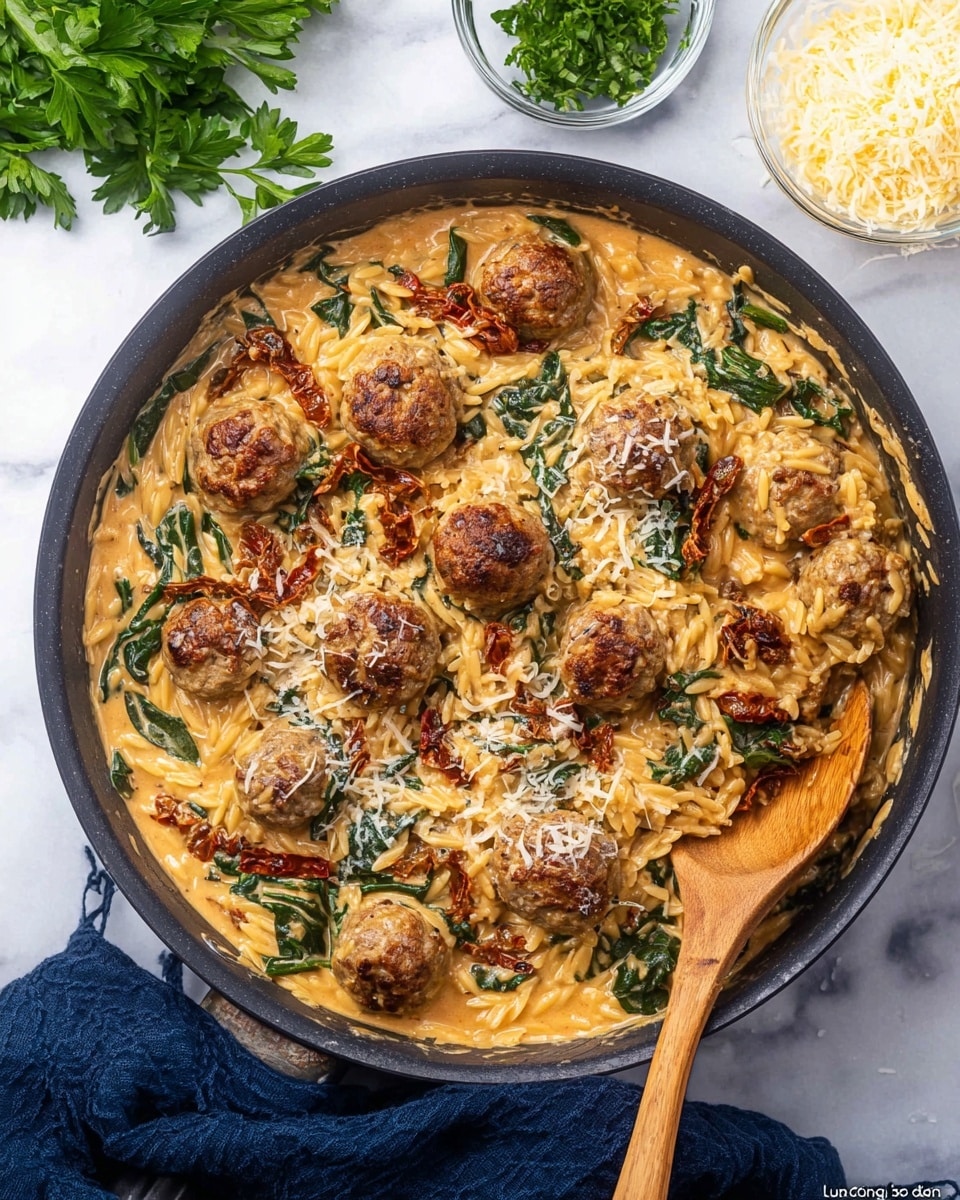 A dark skillet filled with creamy orzo pasta in a light orange sauce, mixed with spinach leaves and sun-dried tomato pieces scattered throughout. On top and mixed in are about twenty golden-brown meatballs with a cooked crust, some sprinkled with grated cheese. A wooden spoon rests on the right side of the pan. The pan is placed on a white marbled surface with a bunch of parsley on the left and two small clear bowls with shredded cheese and chopped herbs at the top. A dark blue cloth is under the pan's handle. photo taken with an iphone --ar 4:5 --v 7