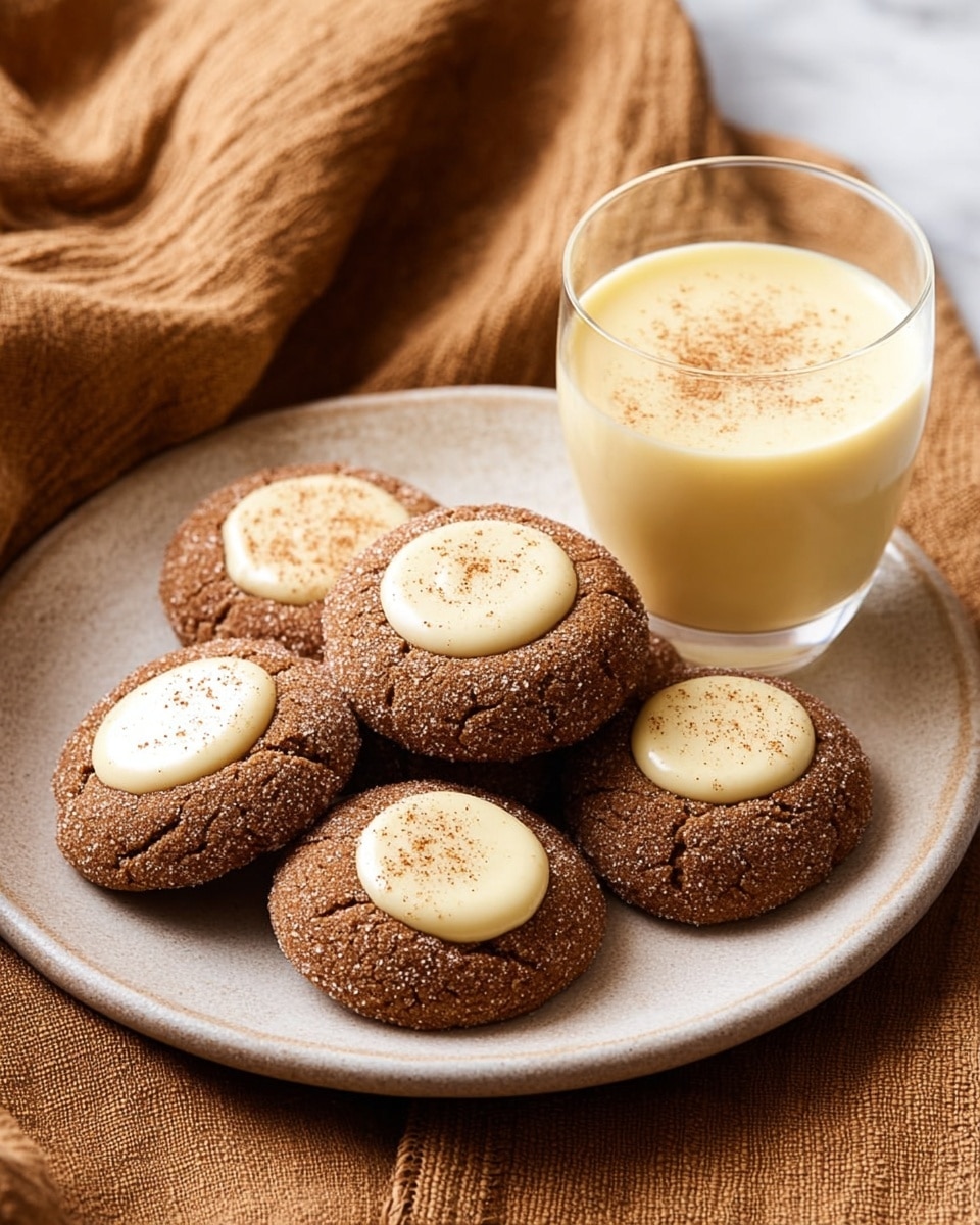 A white plate holds five round, soft-looking ginger cookies, each with a sugar-coated brown outer layer and a creamy white circle of icing in the center, sprinkled lightly with spice powder. Next to the cookies is a clear glass with a thick, pale yellow drink that has a smooth texture. The plate is placed on a warm brown textured cloth over a white marbled surface. Photo taken with an iphone --ar 4:5 --v 7