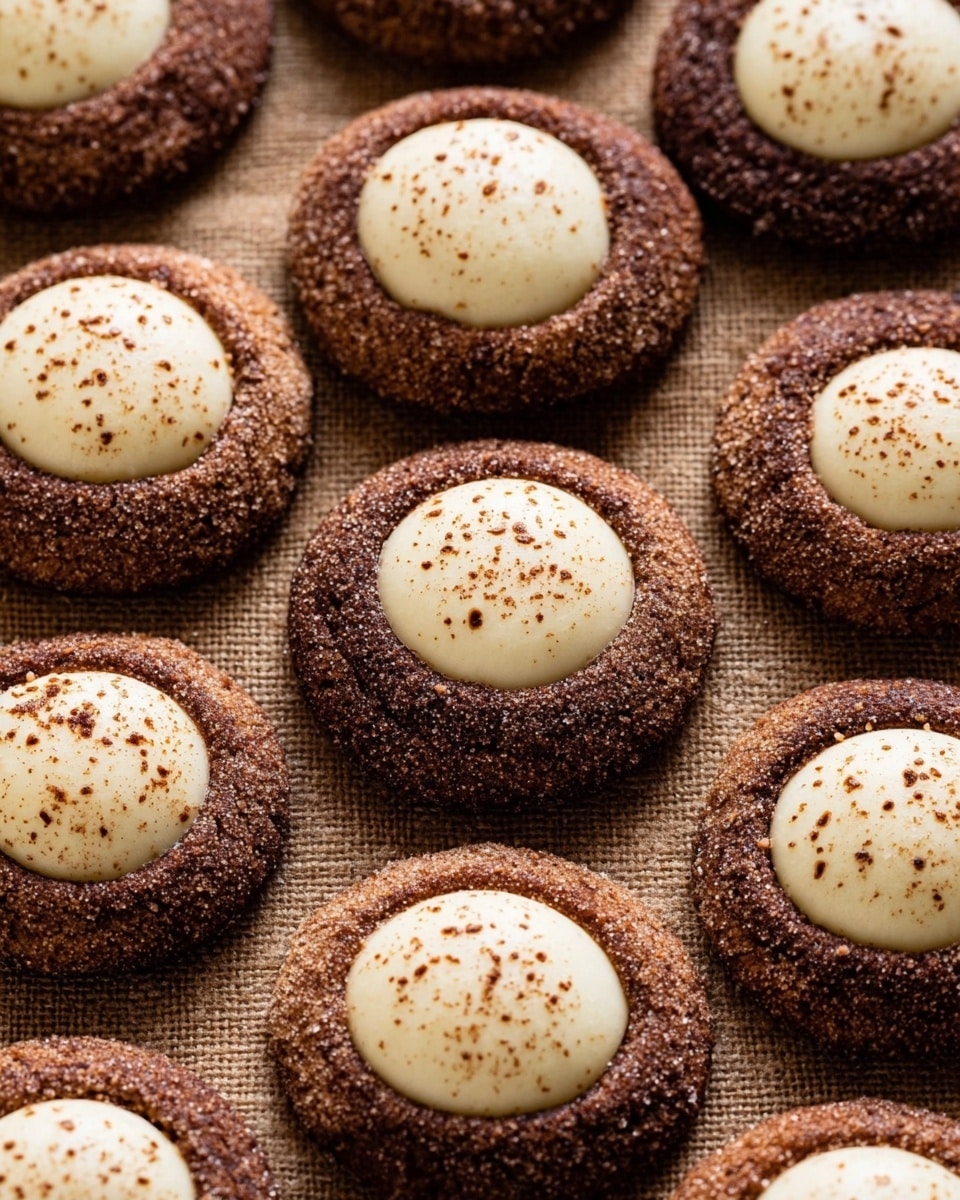 The image shows round cookies arranged in rows on a brown cloth. Each cookie has two layers: the base is a dark brown, grainy cookie with a sugar-coated texture, and the top is a smooth, creamy white center that is slightly raised and sprinkled with tiny brown specks. The cookies are closely packed, and the surface beneath the cloth is not visible, giving a cozy and warm feel. photo taken with an iphone --ar 4:5 --v 7