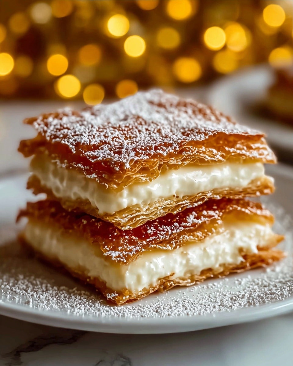 A close-up image of a three-layer dessert on a white plate, each layer consisting of a thin, golden-brown crispy pastry with a shiny, glazed texture. Between the layers is a smooth, thick white cream filling. The top pastry layer is lightly dusted with fine white powdered sugar, which also scatters around the base on the white plate. The background is softly blurred with warm yellow bokeh lights, and the overall setting rests on a white marbled texture. photo taken with an iphone --ar 4:5 --v 7