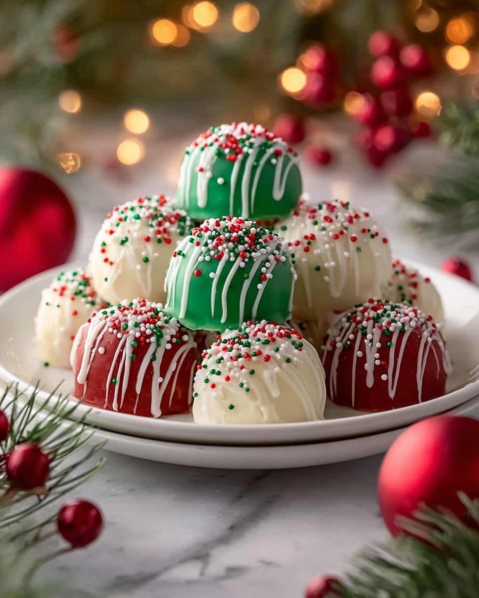 A white plate holds nine round truffles in three colors: green, red, and white, arranged in a pyramid shape. Each truffle is smooth and glossy, covered with a drizzle of white icing that runs down the sides in thin lines. The tops are decorated with small round sprinkles in red, green, and white colors, giving a festive look. The plate is set on a white marbled surface with a few green pine branches and red Christmas ball ornaments around it. Soft warm lights blur in the background. Photo taken with an iphone --ar 4:5 --v 7