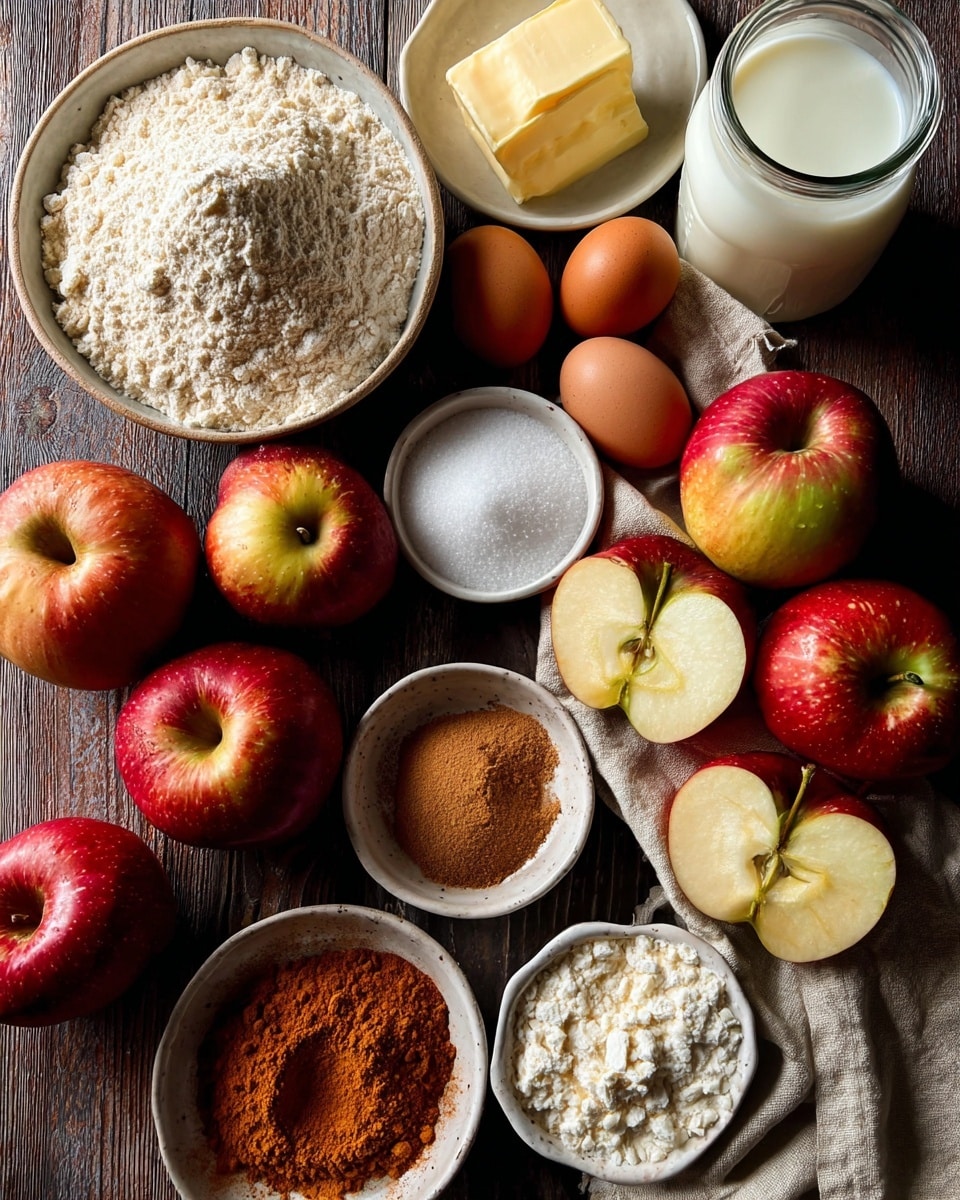 The image shows a close-up of various baking ingredients arranged on a dark wooden surface with a soft beige linen cloth on the side. There are multiple whole red apples with bright green and yellow patches, along with several apple halves showing a pale yellow inside and seeds. Three brown eggs are placed near the apples. Several small white bowls hold different ingredients: one contains a mound of light beige flour with a coarse texture, another has a smaller pile of white granulated sugar, one bowl holds a block of creamy butter, and another contains ground cinnamon with a warm reddish-brown color. There's also a small bowl with a rusty orange spice, and one bowl with light brown powder and an apple half on top. Near the top right is a glass jar filled with fresh white milk. The whole setup is arranged on a white marbled textured surface. photo taken with an iphone --ar 4:5 --v 7